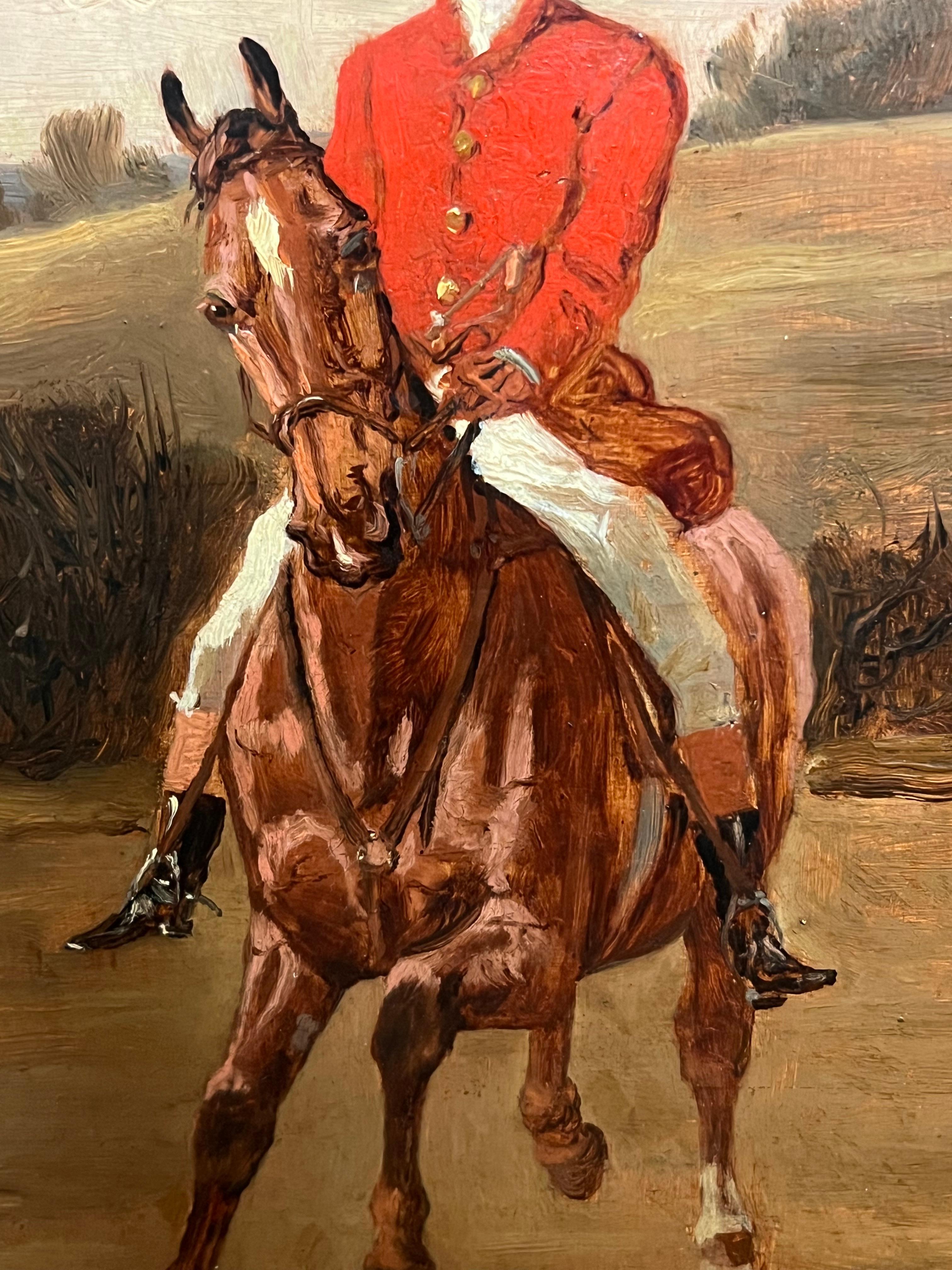 19th Century English Fox Hunt Rider in Red Coat Signed Oil Painting 7