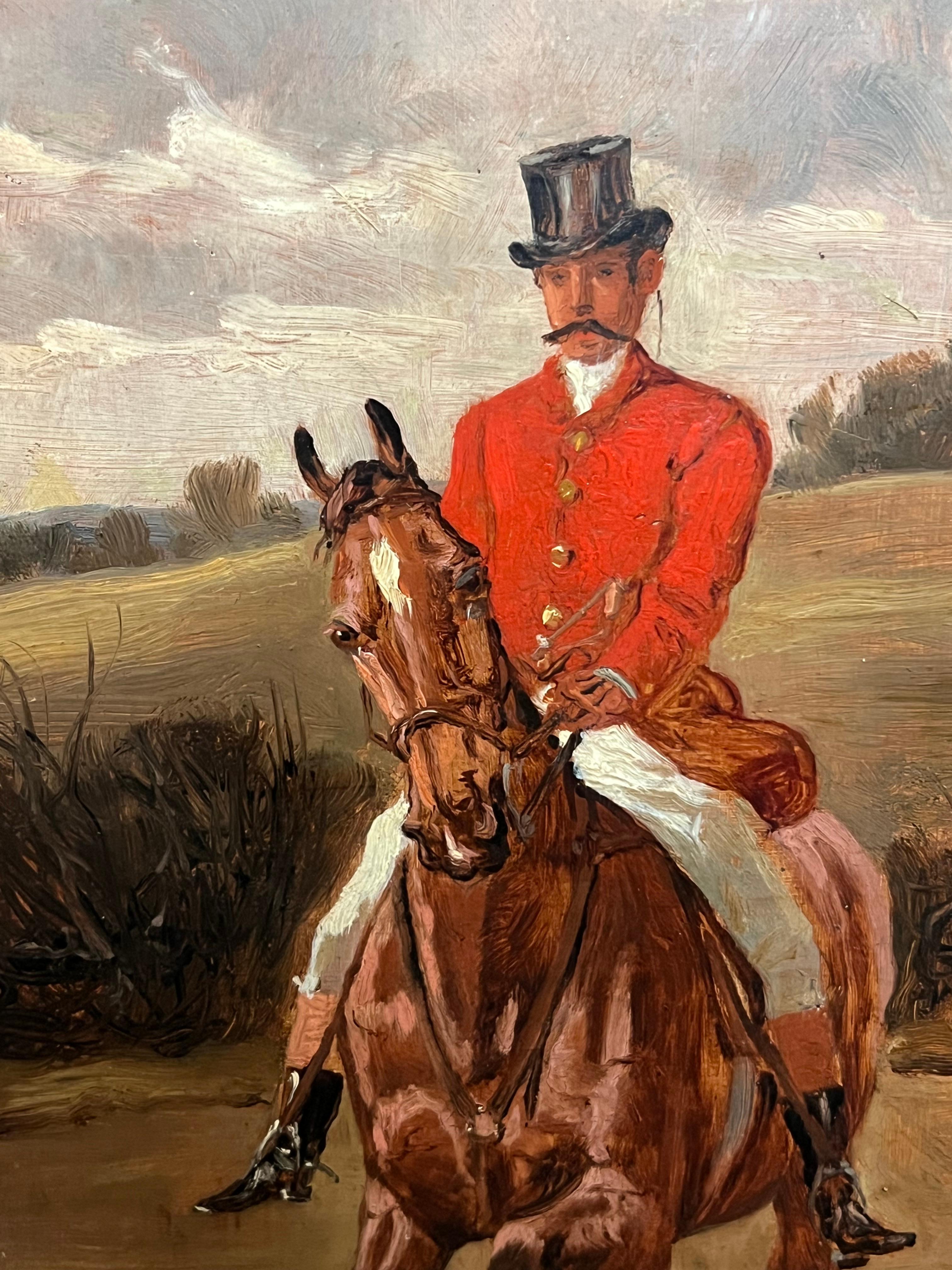 19th Century English Fox Hunt Rider in Red Coat Signed Oil Painting 8
