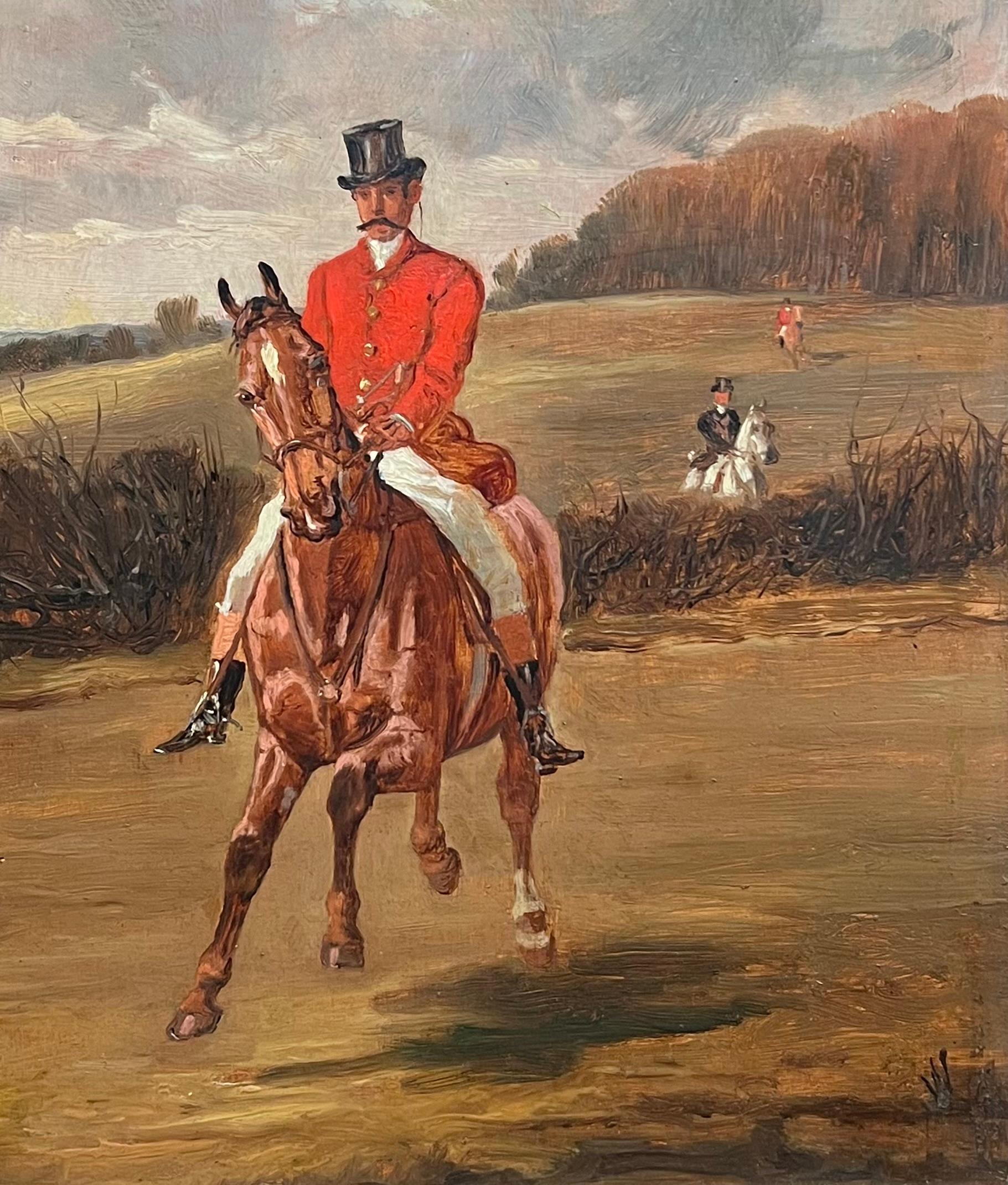 English Fox Hunt Rider in Red Coat
English School, late 19th century
signed with monogram/ initials
signed oil on board, framed
Framed: 13.5 x 12 inches
Board: 11 x 9 inches
Provenance: private collection, UK
Condition: very good condition