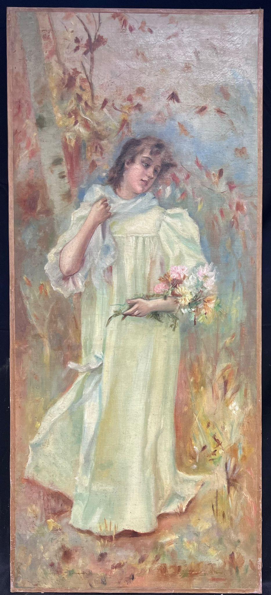 19th Century French Belle Epoque Oil Painting Elegant Girl Autumn Flowers - Brown Figurative Painting by French School