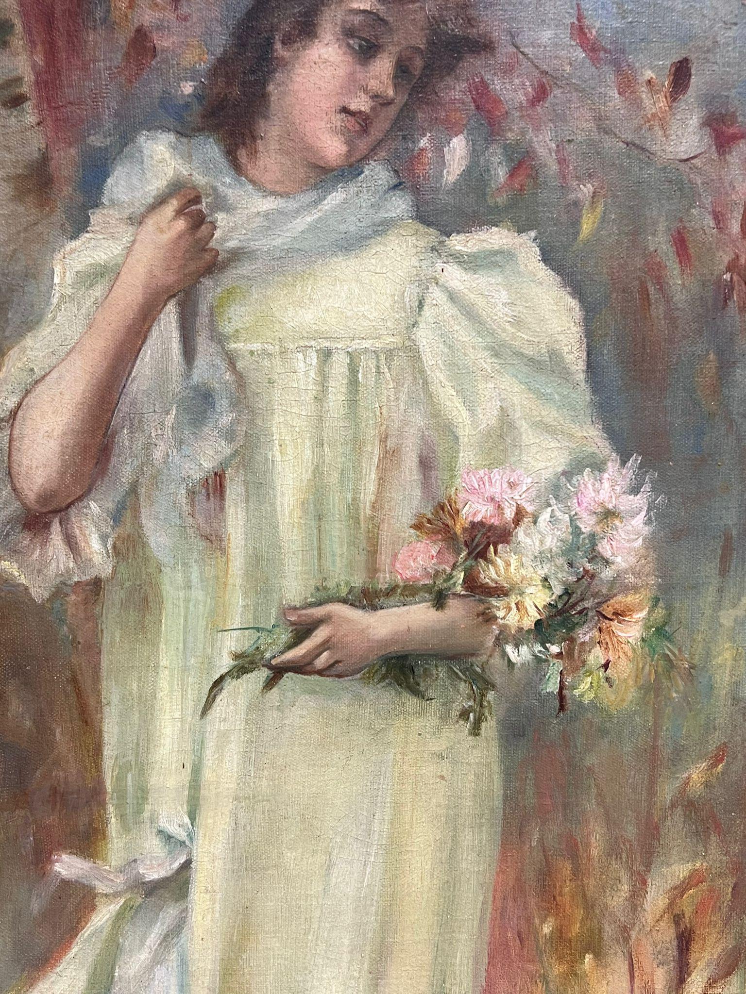 19th Century French Belle Epoque Oil Painting Elegant Girl Autumn Flowers 1