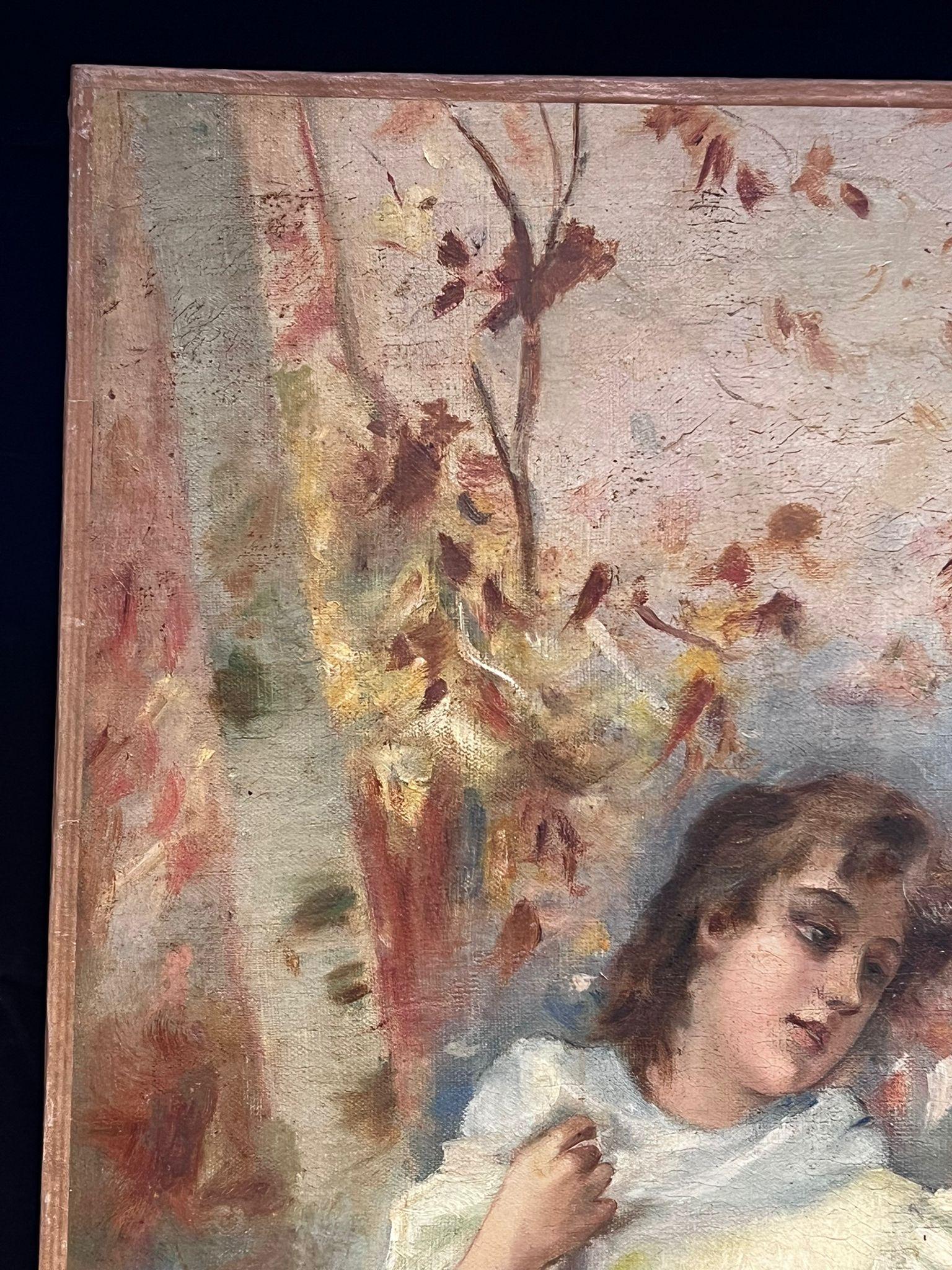 19th Century French Belle Epoque Oil Painting Elegant Girl Autumn Flowers 2