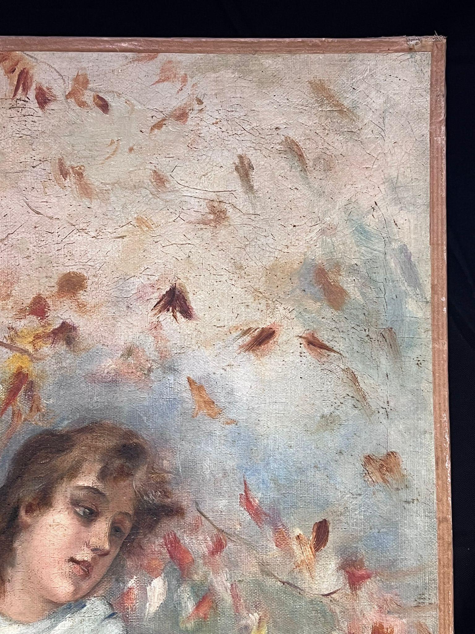 19th Century French Belle Epoque Oil Painting Elegant Girl Autumn Flowers 3