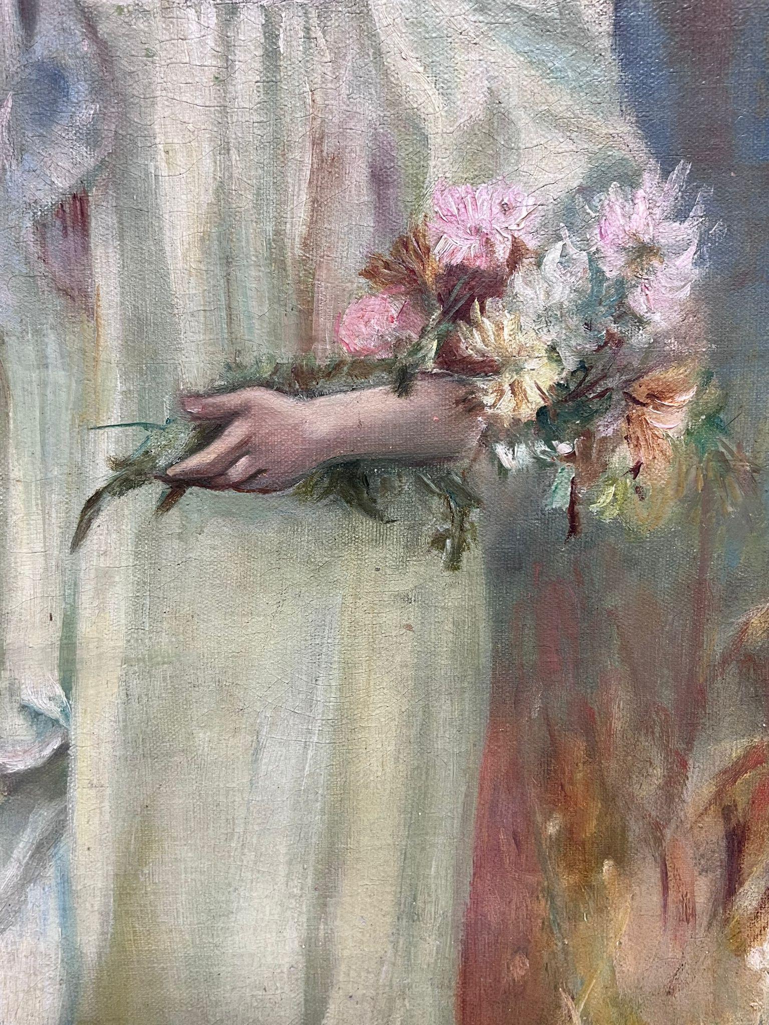 19th Century French Belle Epoque Oil Painting Elegant Girl Autumn Flowers 6