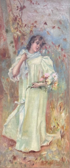 19th Century French Belle Epoque Oil Painting Elegant Girl Autumn Flowers