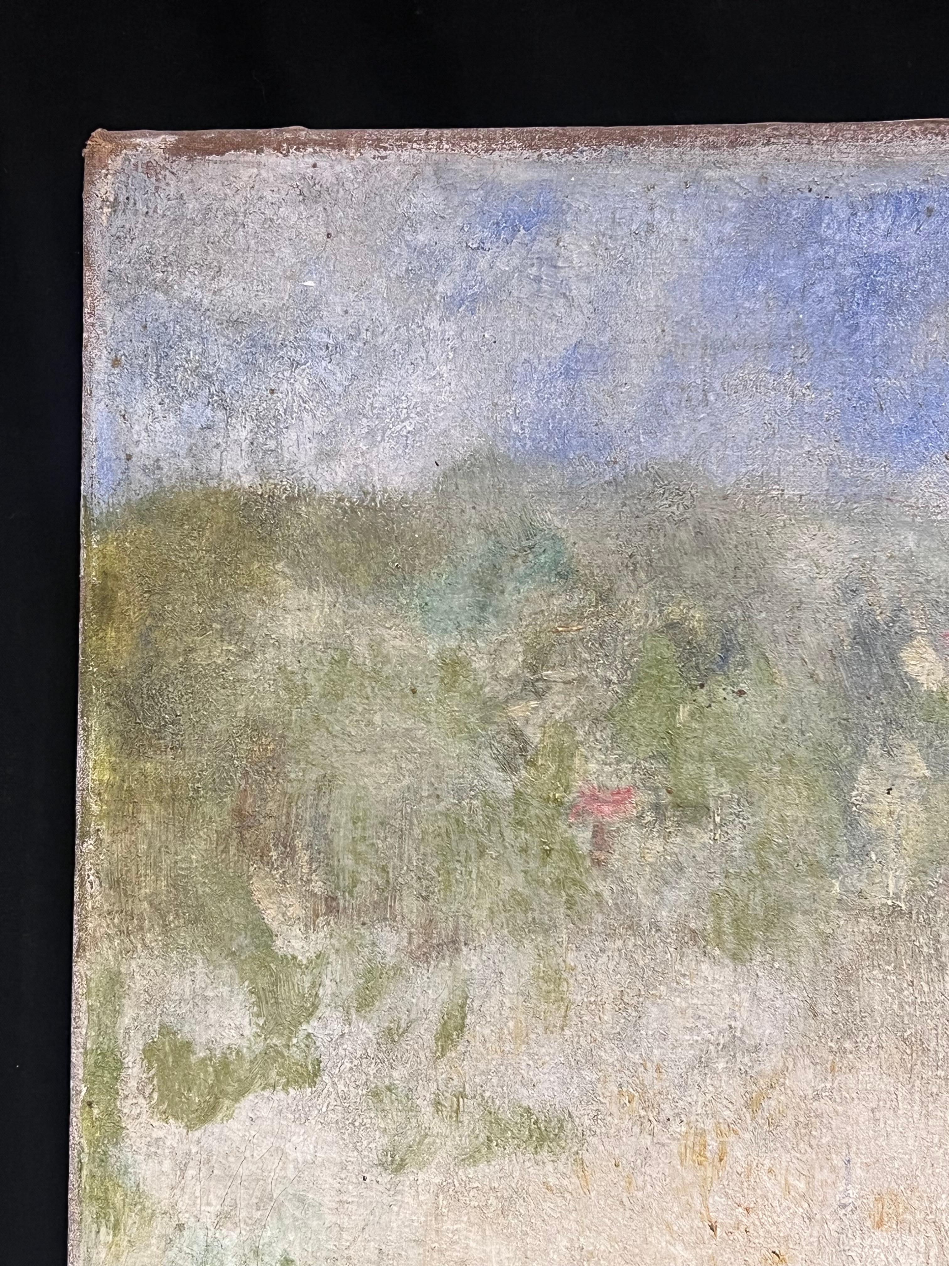 19th Century French Impressionist Oil Lady Sewing in Sunlit Garden Landscape For Sale 7