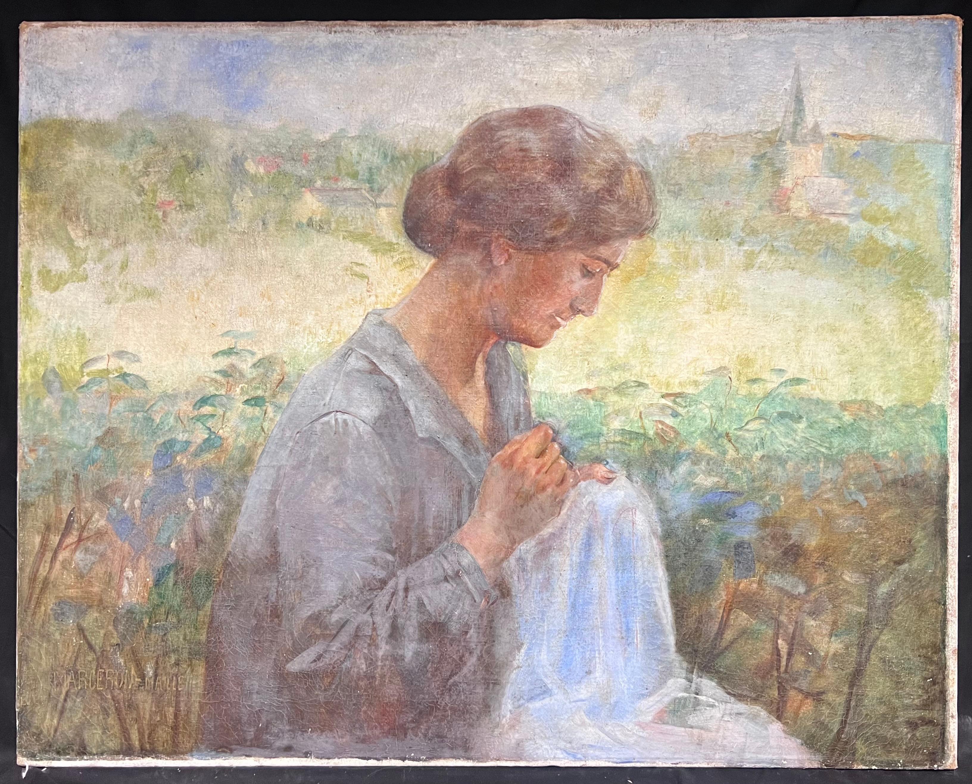 19th Century French Impressionist Oil Lady Sewing in Sunlit Garden Landscape - Painting by French School