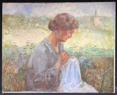 19th Century French Impressionist Oil Lady Sewing in Sunlit Garden Landscape