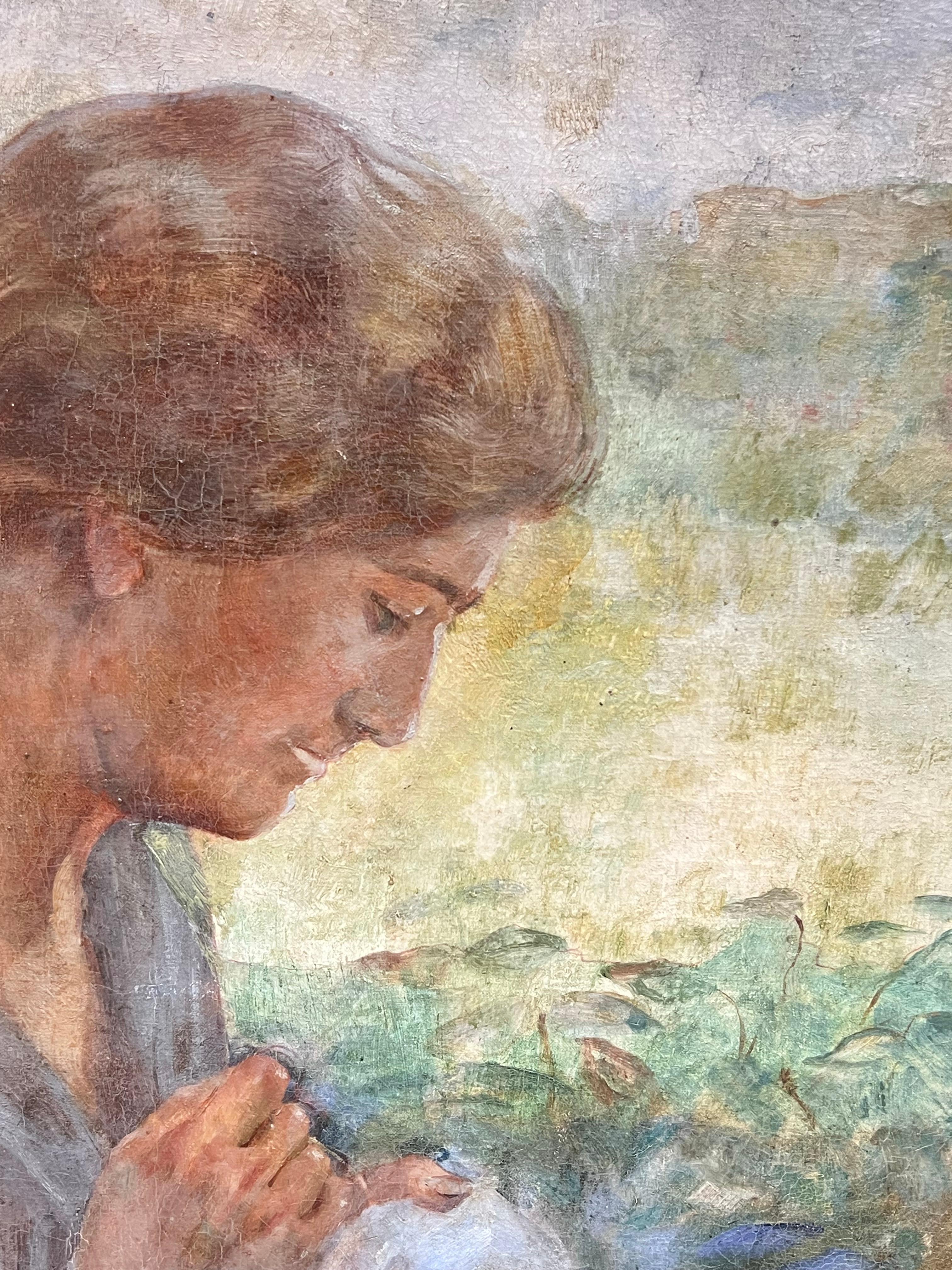 19th Century French Impressionist Oil Lady Sewing in Sunlit Garden Landscape - Brown Figurative Painting by French School