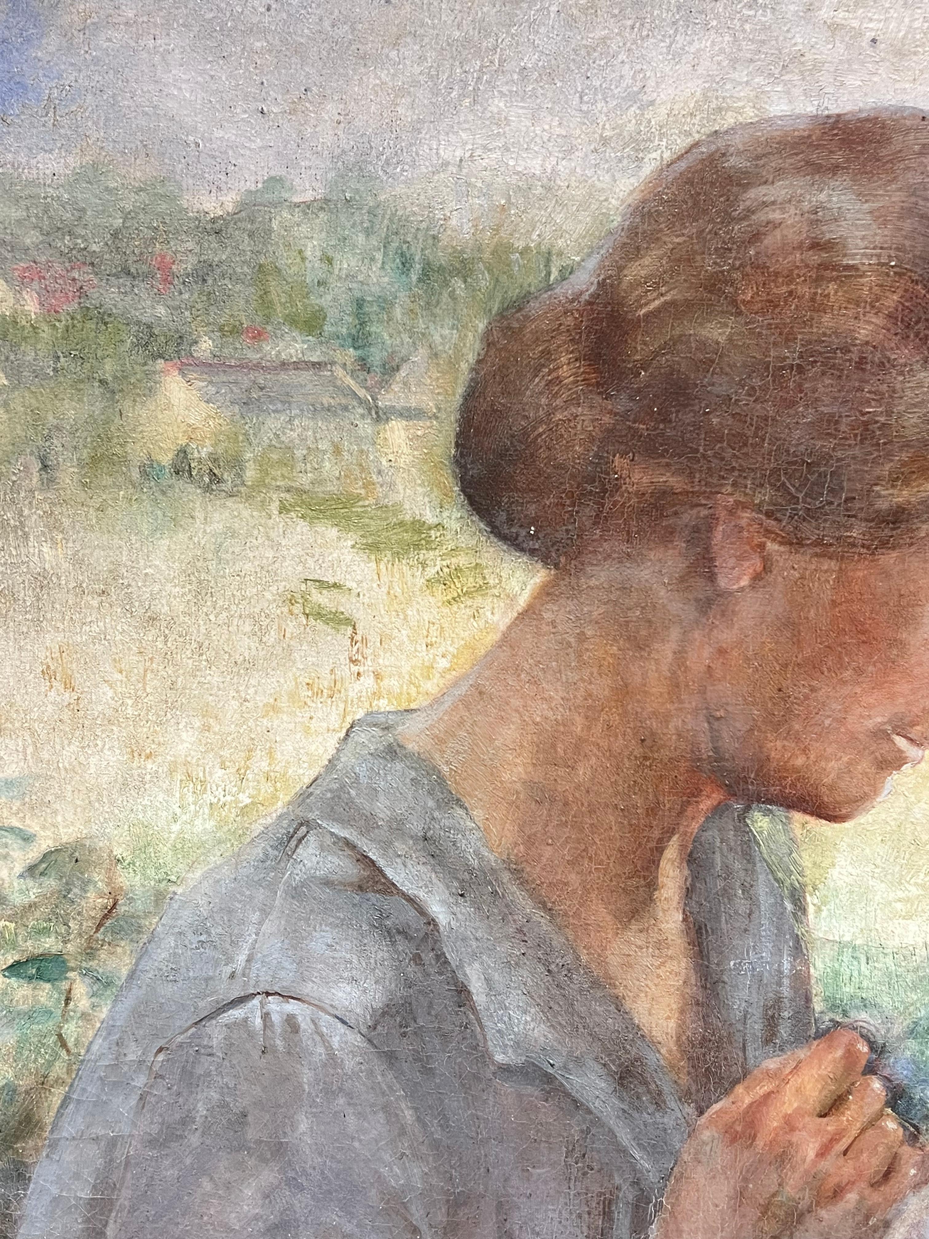 Lady Sewing
French Impressionist, late 19th century
indistinctly signed lower front corner 
oil on canvas, unframed
canvas : 29 x 36 inches
Provenance: private collection, Northern France
Condition: very good condition

Description:
This serene