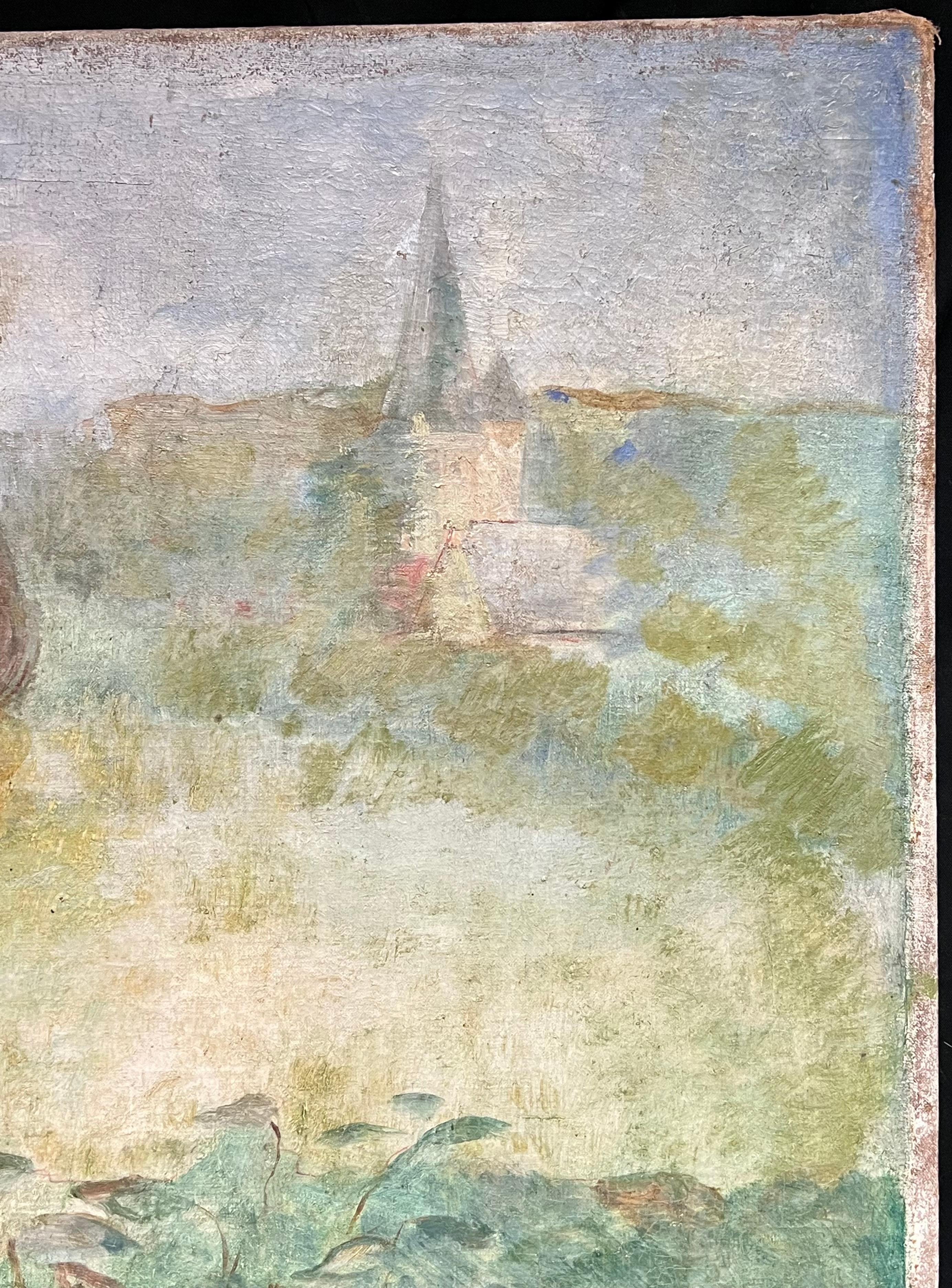 19th Century French Impressionist Oil Lady Sewing in Sunlit Garden Landscape For Sale 1
