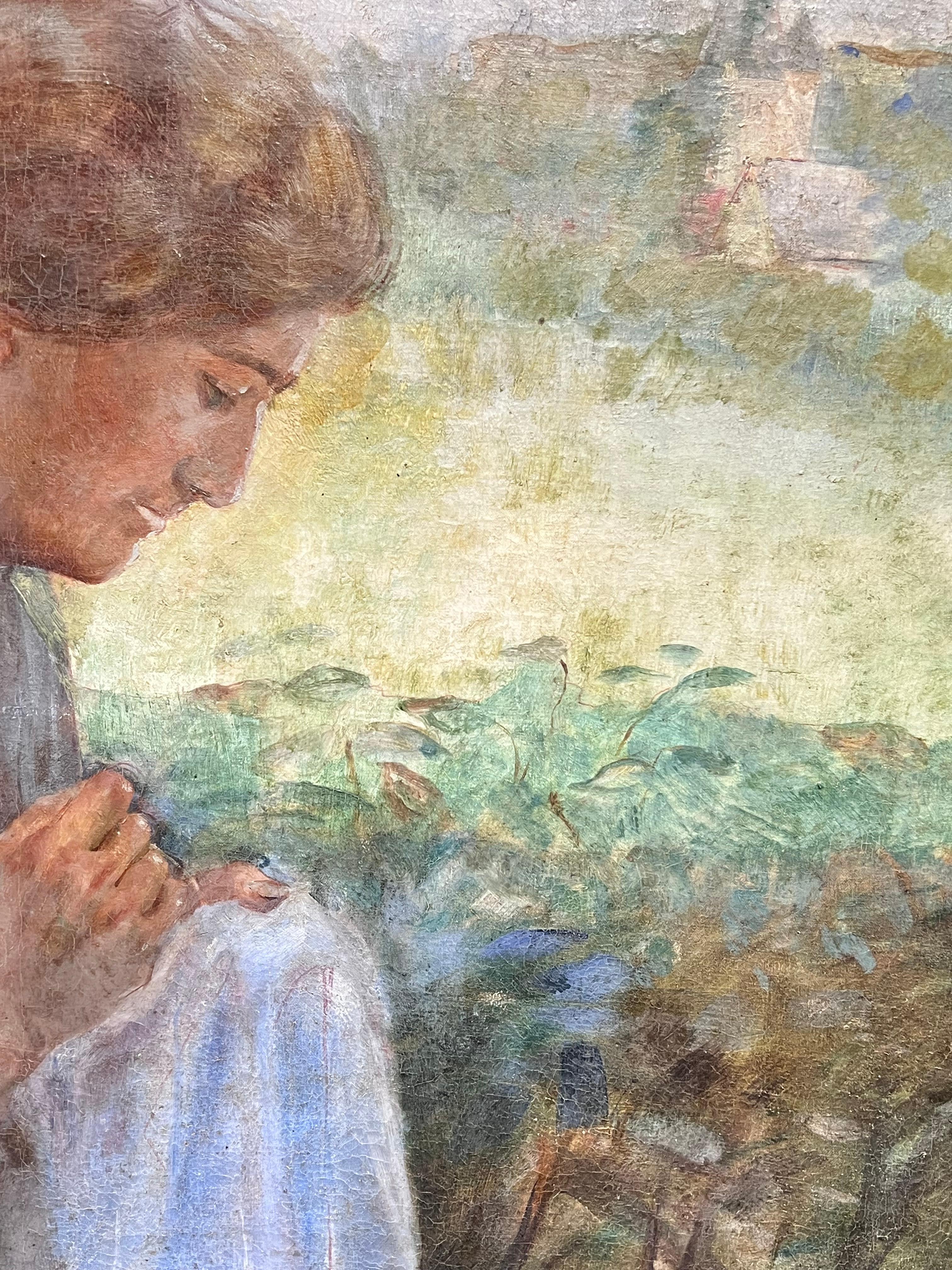 19th Century French Impressionist Oil Lady Sewing in Sunlit Garden Landscape For Sale 2