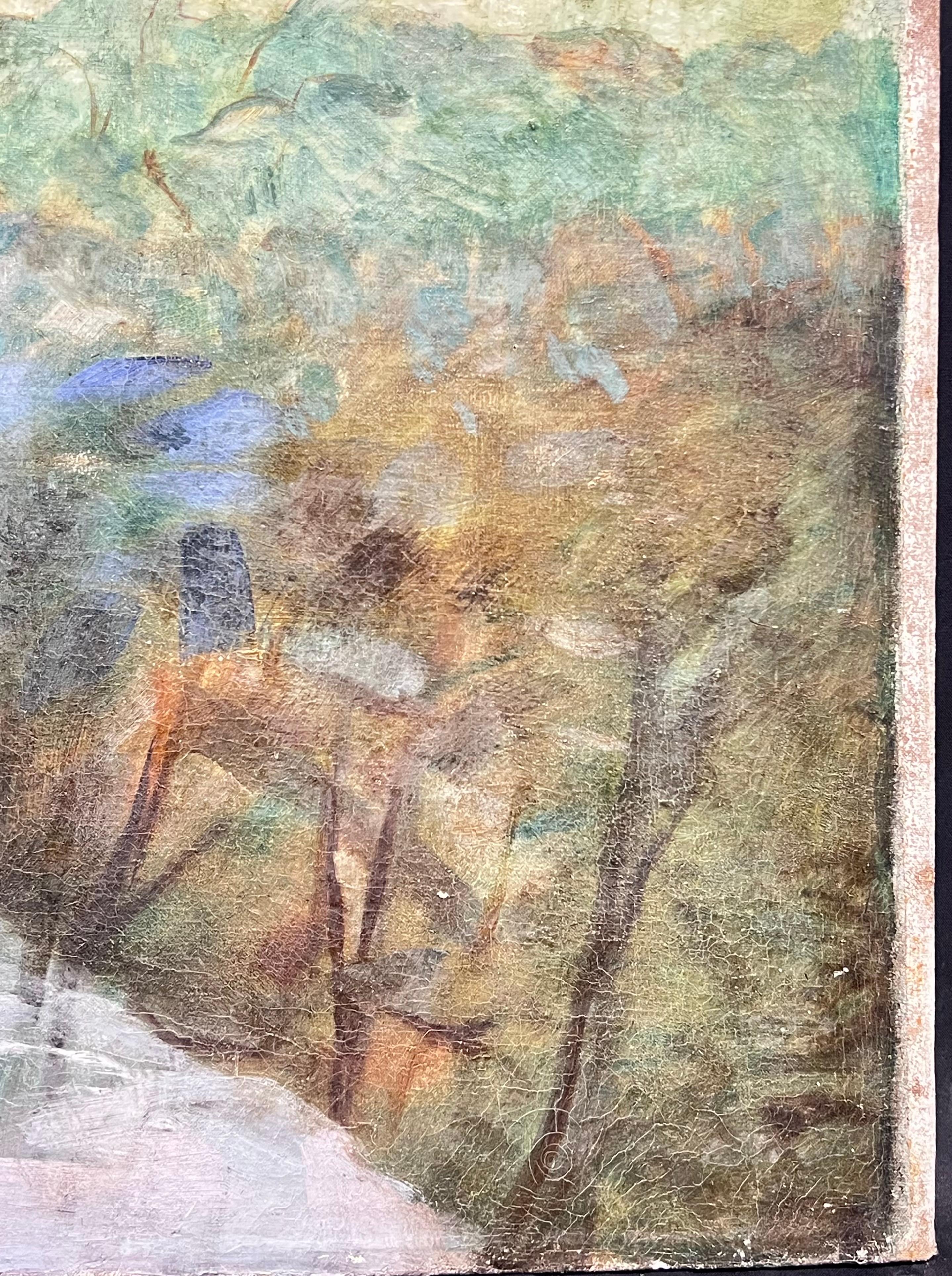 19th Century French Impressionist Oil Lady Sewing in Sunlit Garden Landscape For Sale 3