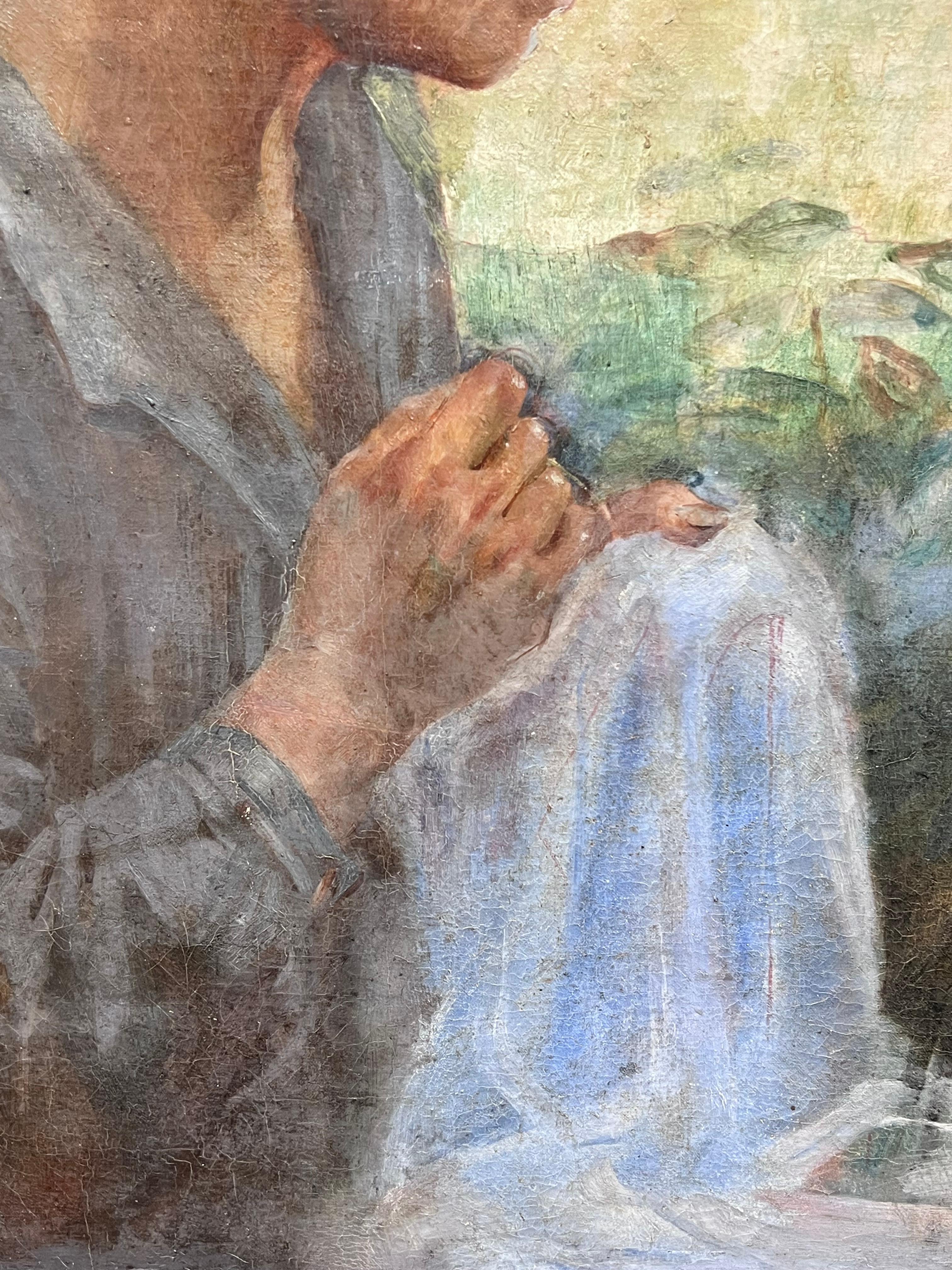 19th Century French Impressionist Oil Lady Sewing in Sunlit Garden Landscape For Sale 4