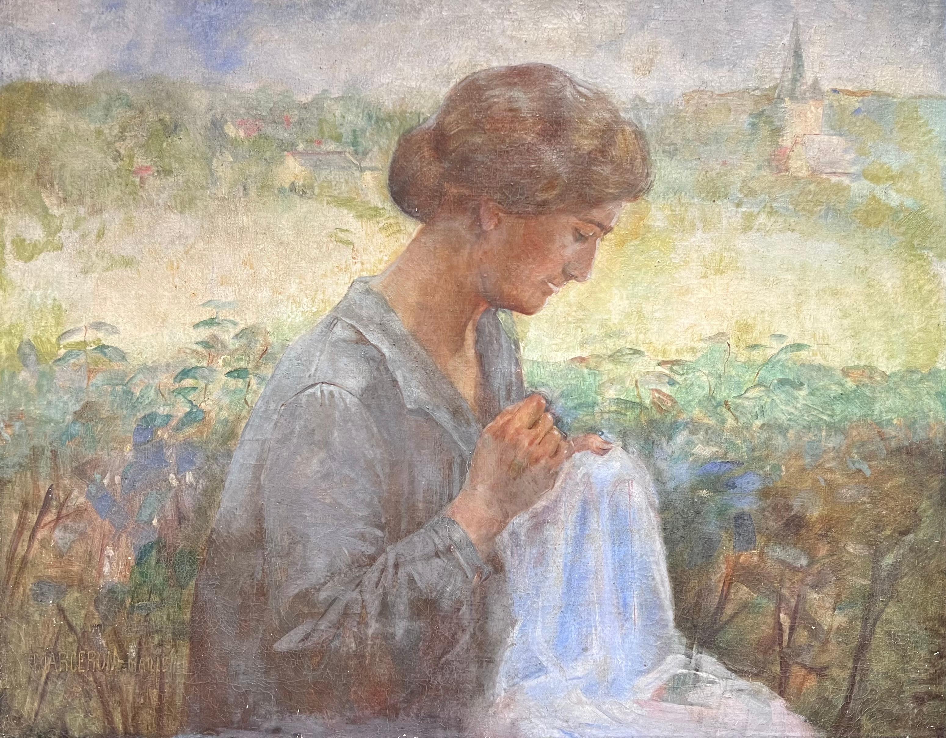 French School Figurative Painting - 19th Century French Impressionist Oil Lady Sewing in Sunlit Garden Landscape