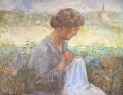 19th Century French Impressionist Oil Lady Sewing in Sunlit Garden Landscape