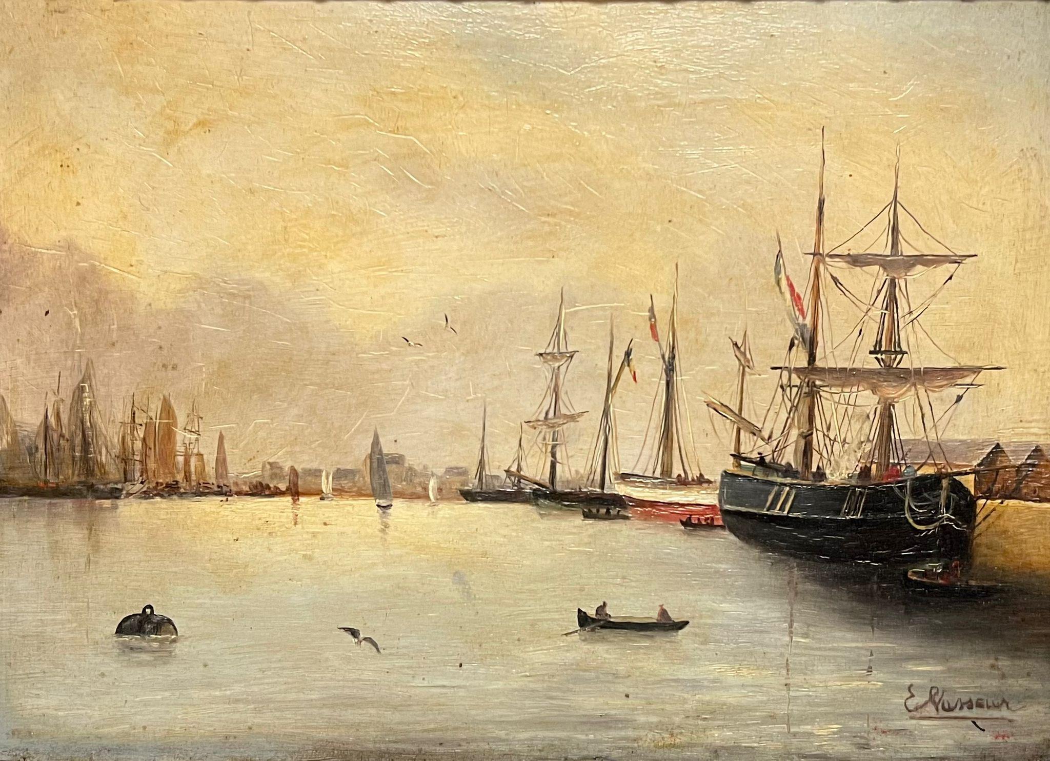 Dipinto a olio di Marin del XIX secolo Navi ancorate al largo del porto firmato - Painting di French School