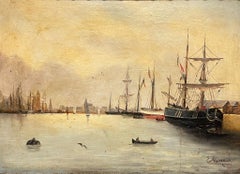 19th Century French Marine Oil Painting Ships Anchored off Harbour Signed