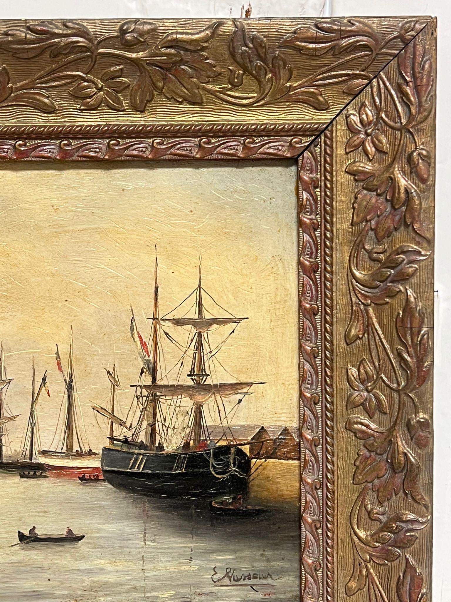 19th Century French Marine Oil Painting Ships Anchored off Harbour Signed 1