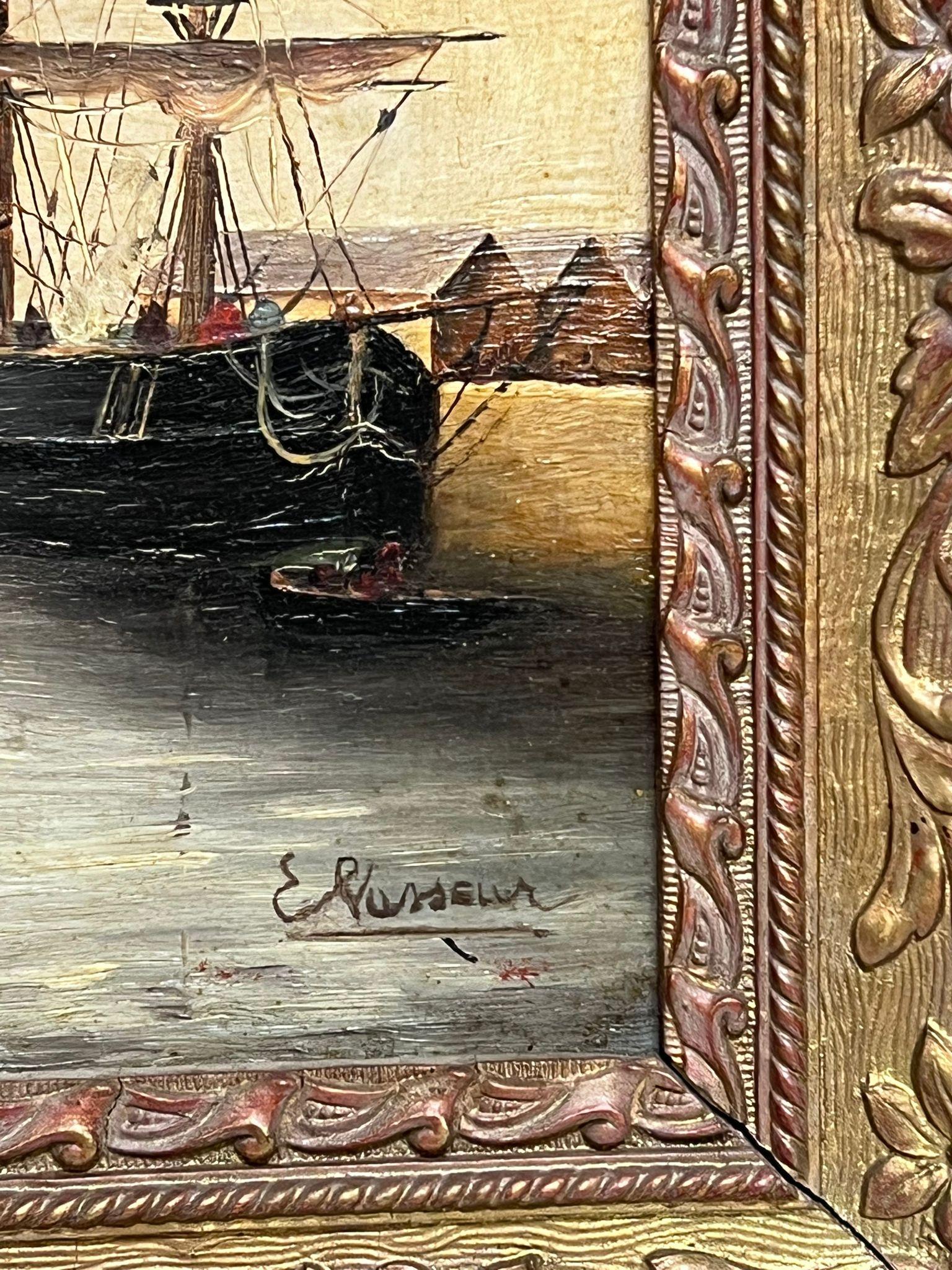 Dipinto a olio di Marin del XIX secolo Navi ancorate al largo del porto firmato 2