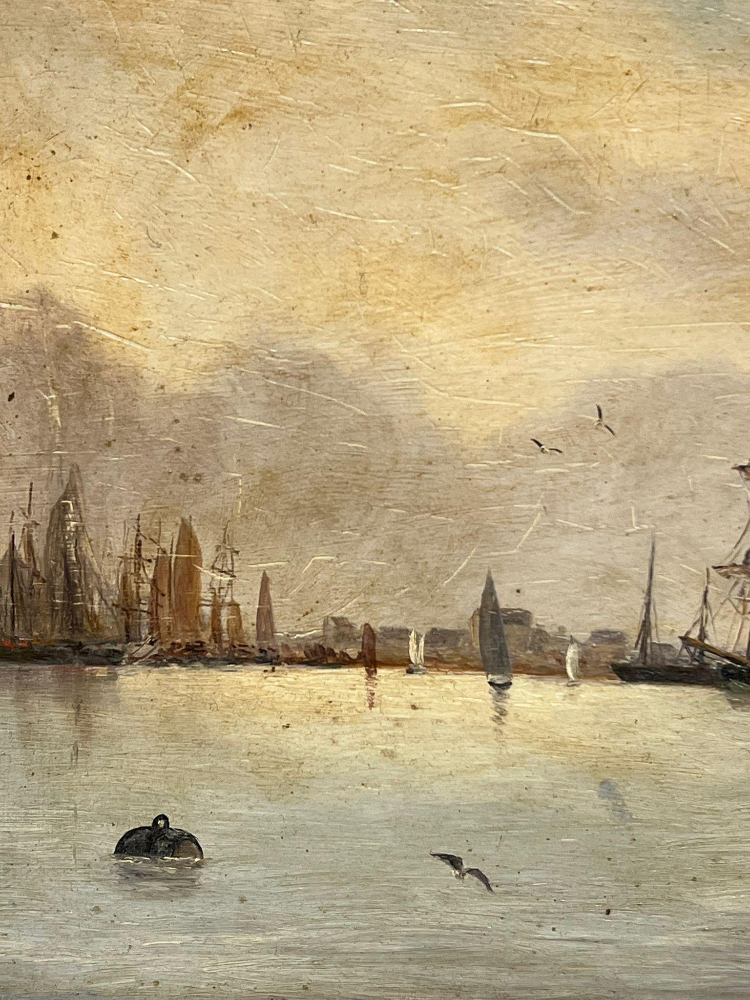 Dipinto a olio di Marin del XIX secolo Navi ancorate al largo del porto firmato 3