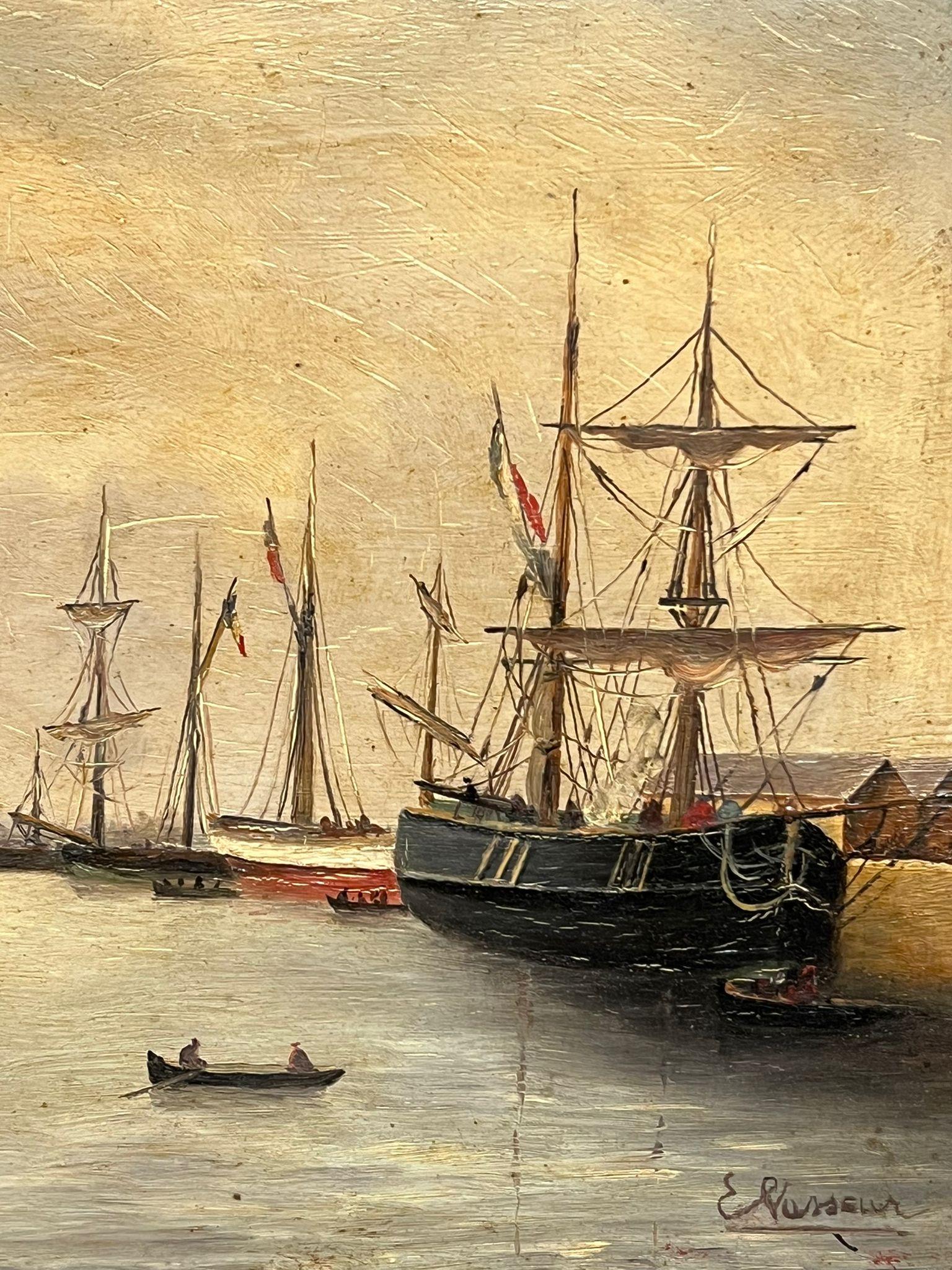 19th Century French Marine Oil Painting Ships Anchored off Harbour Signed 6