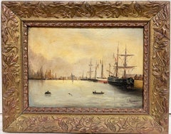 19th Century French Marine Oil Painting Ships Anchored off Harbour Signed