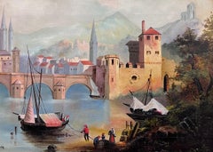 19th Century French Oil Painting Old Chateau Castles on Lake Side Town