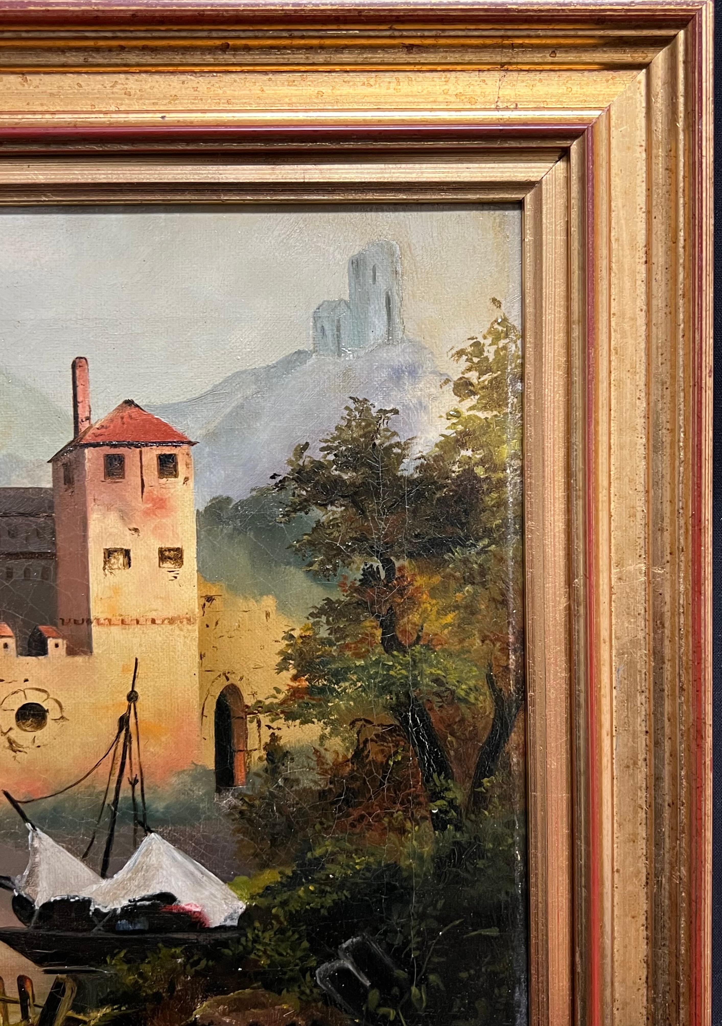 Pintura al óleo francesa del siglo XIX Castillos antiguos en la ciudad junto al lago - Painting Escuela francesa de French School