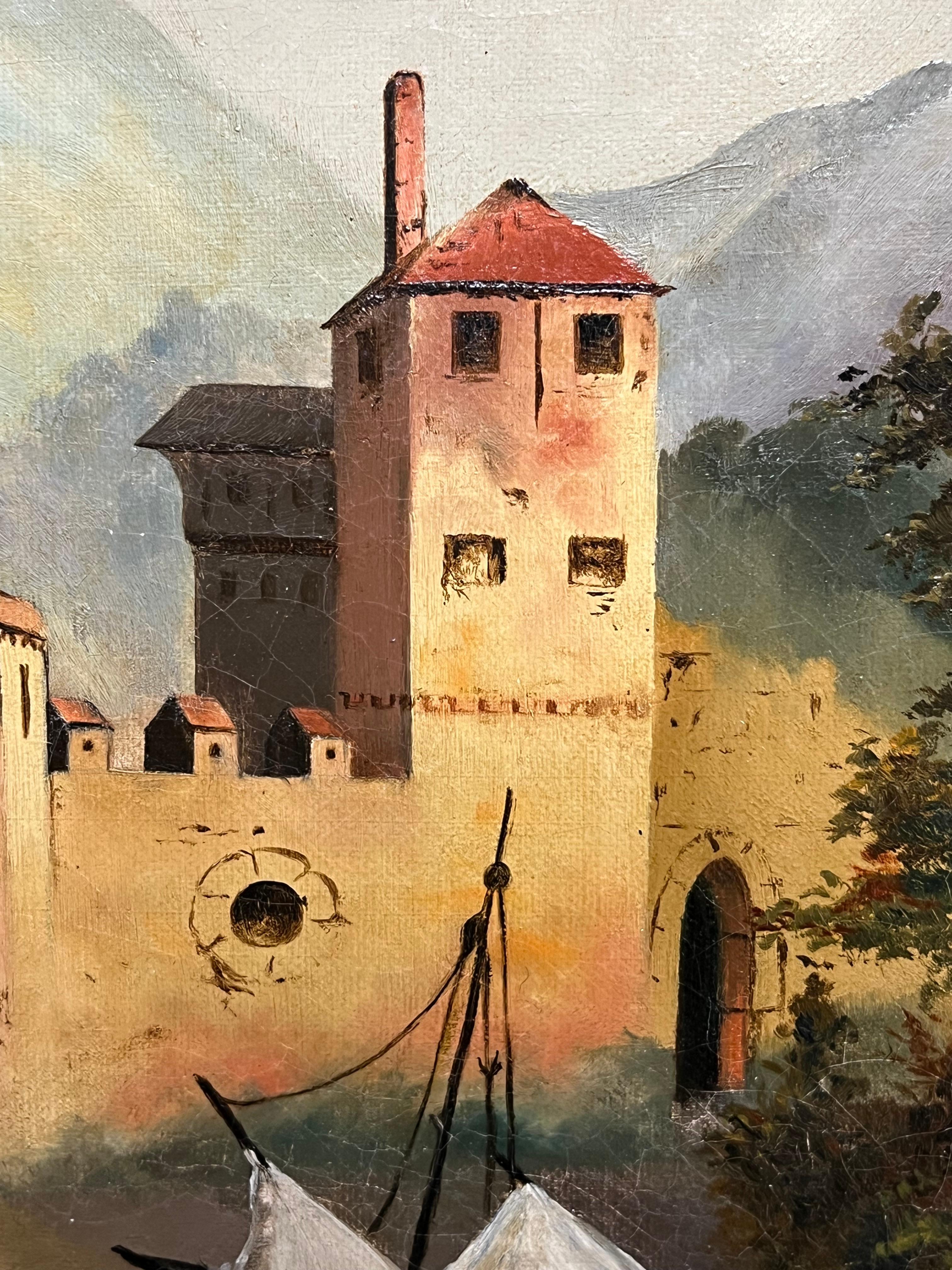Pintura al óleo francesa del siglo XIX Castillos antiguos en la ciudad junto al lago - Figurative Painting Marrón de French School