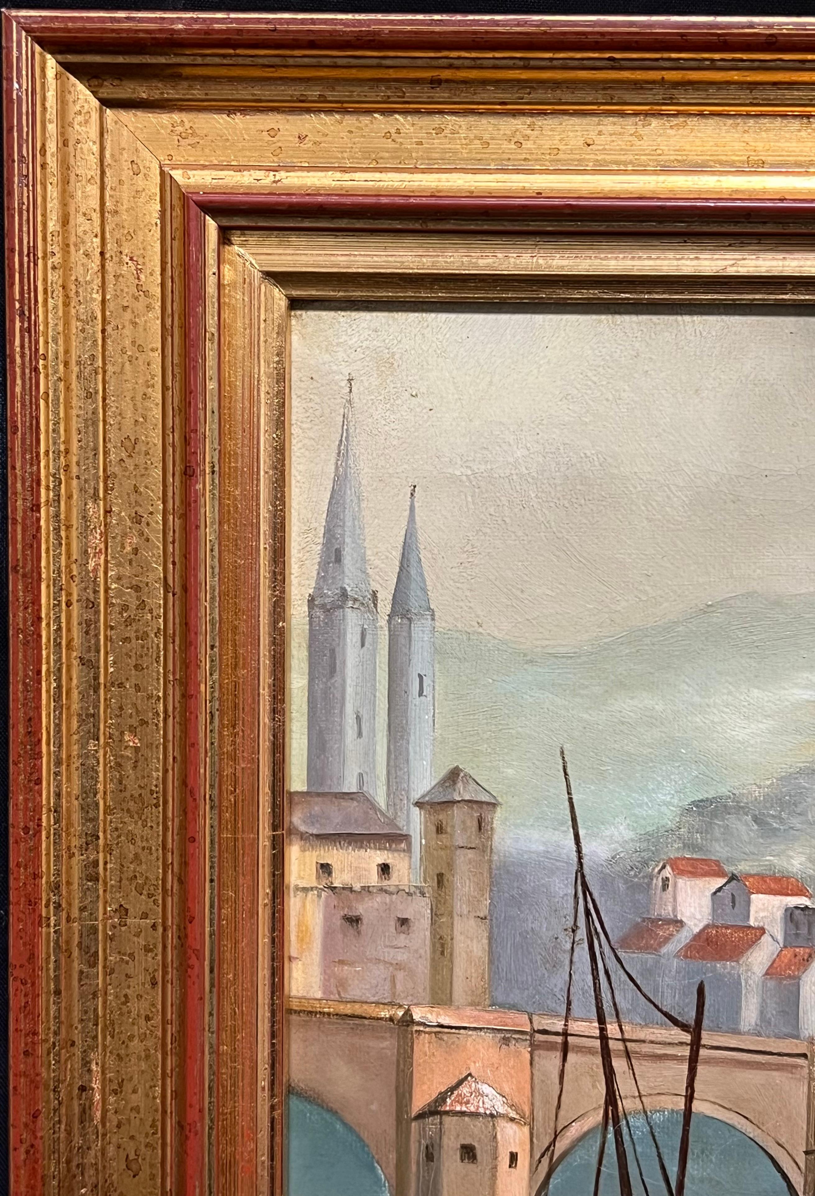 Pintura al óleo francesa del siglo XIX Castillos antiguos en la ciudad junto al lago en venta 1