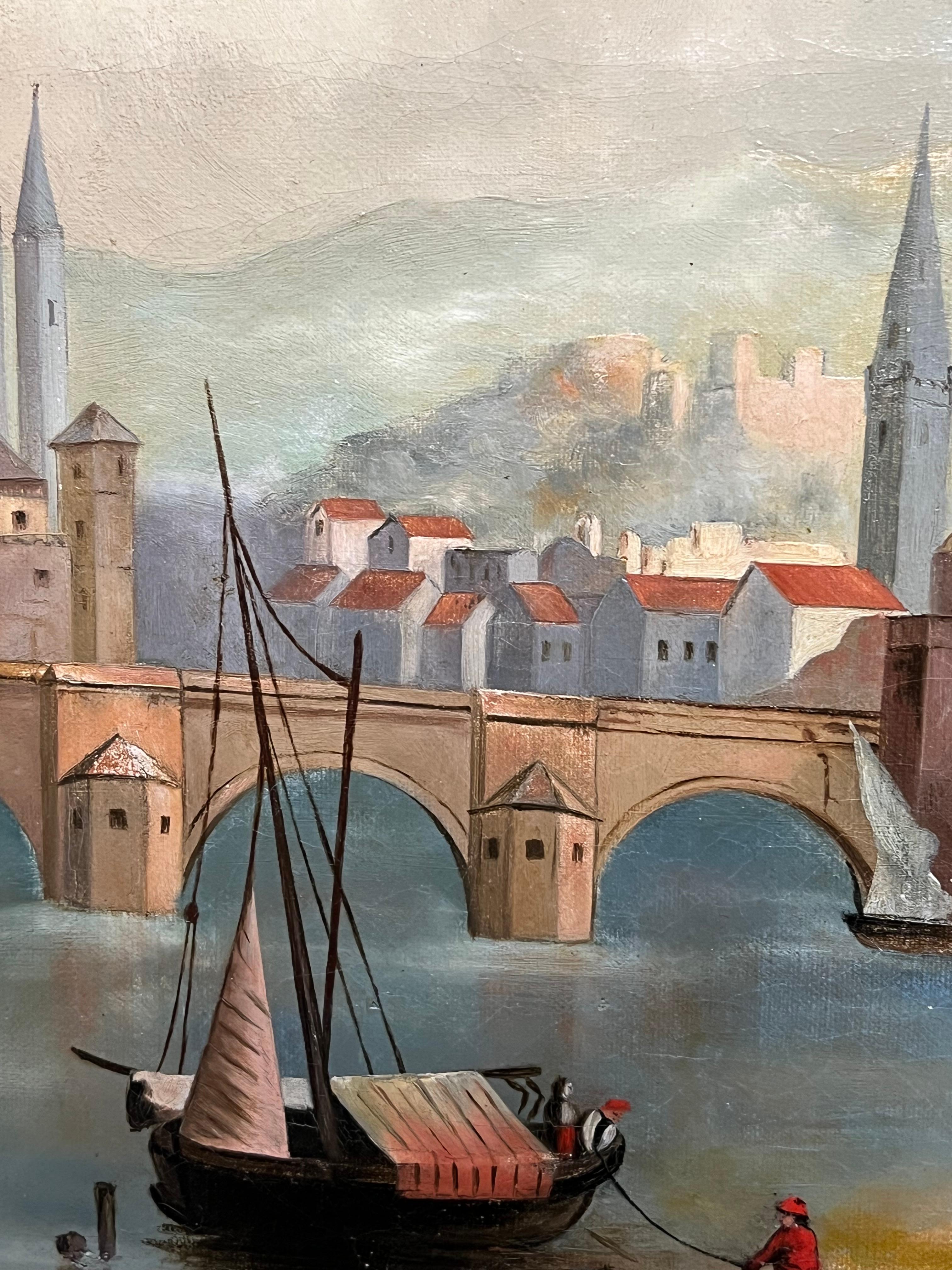 Pintura al óleo francesa del siglo XIX Castillos antiguos en la ciudad junto al lago en venta 2