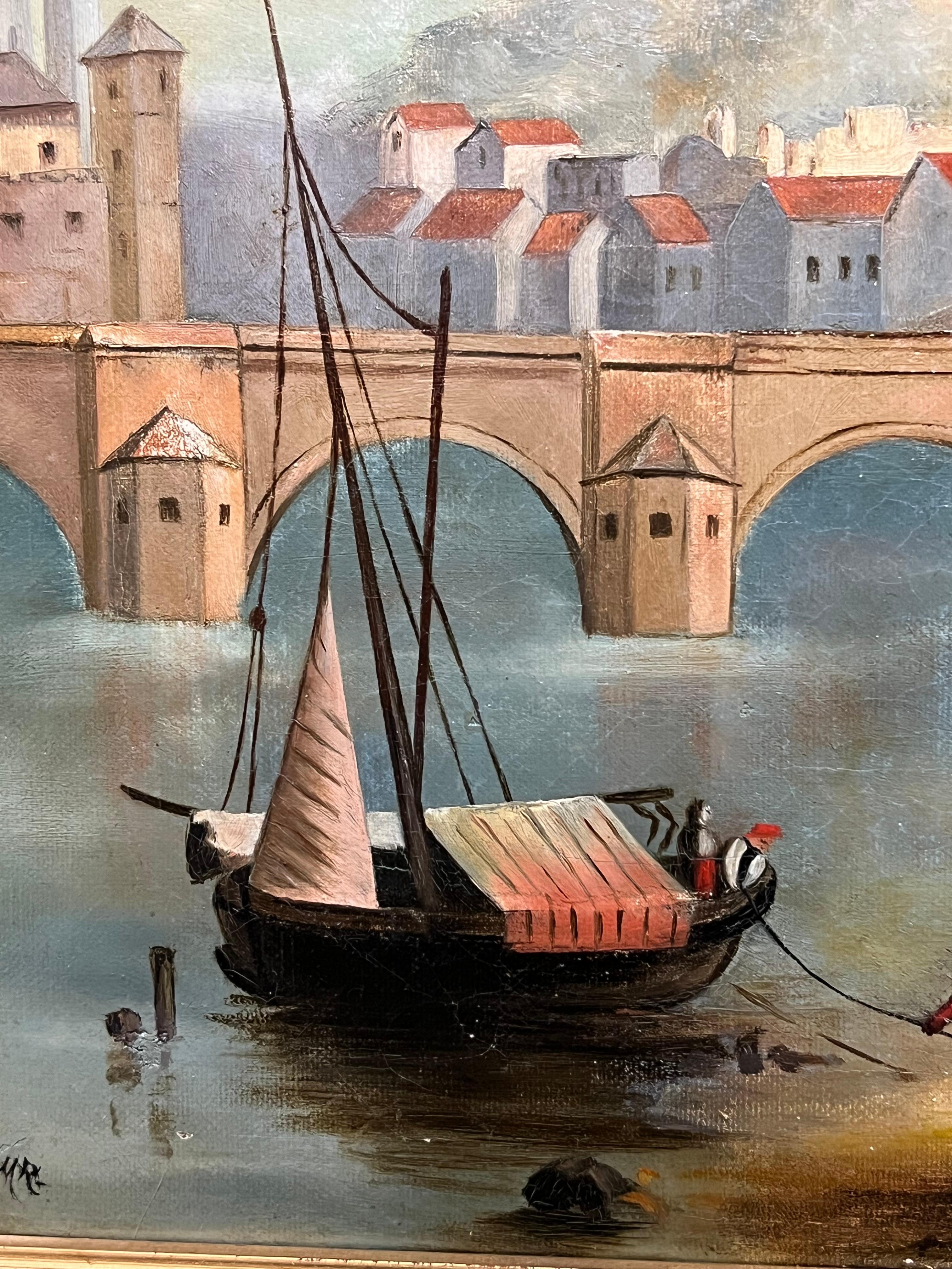 Pintura al óleo francesa del siglo XIX Castillos antiguos en la ciudad junto al lago en venta 3