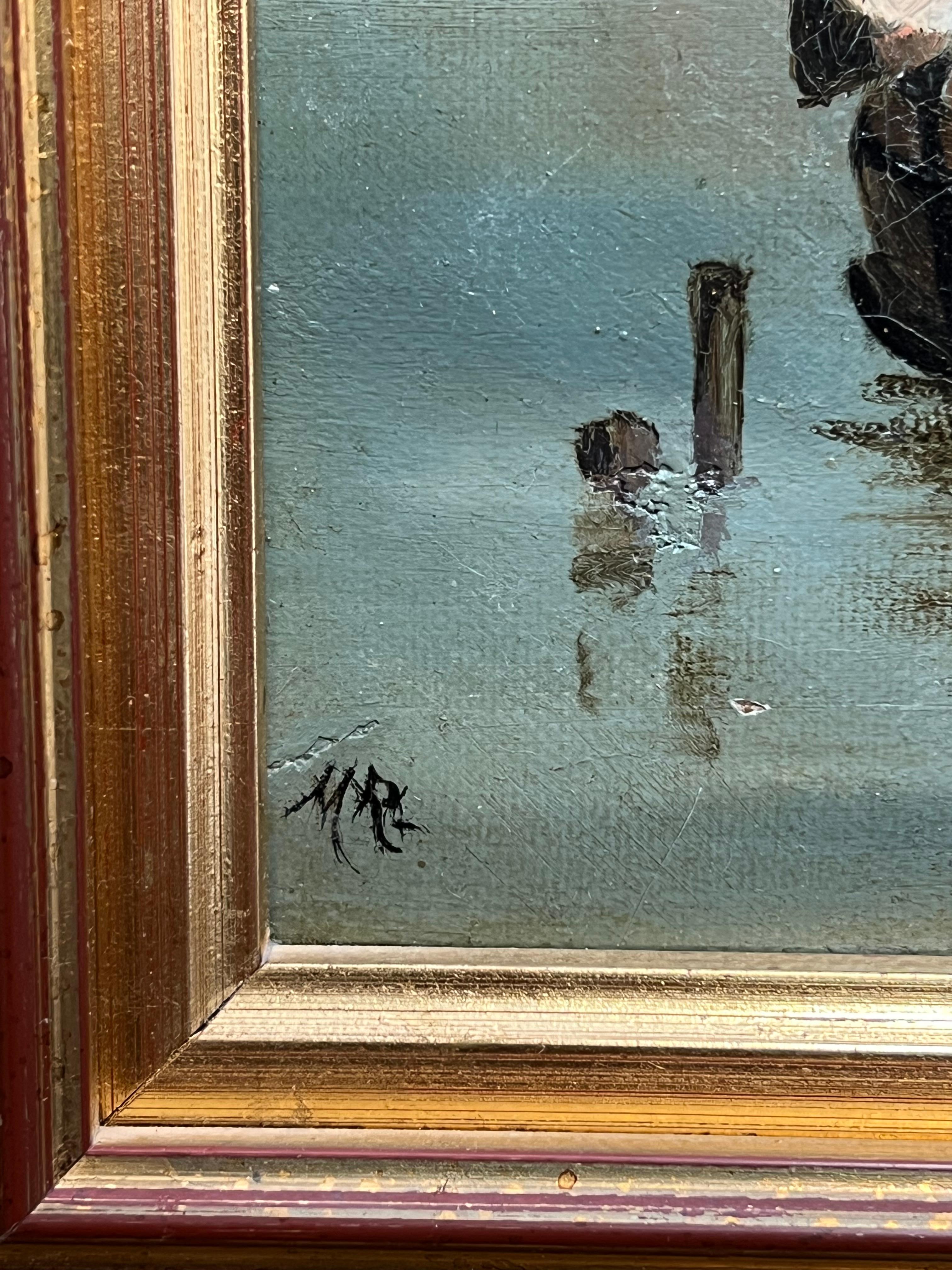 Pintura al óleo francesa del siglo XIX Castillos antiguos en la ciudad junto al lago en venta 4