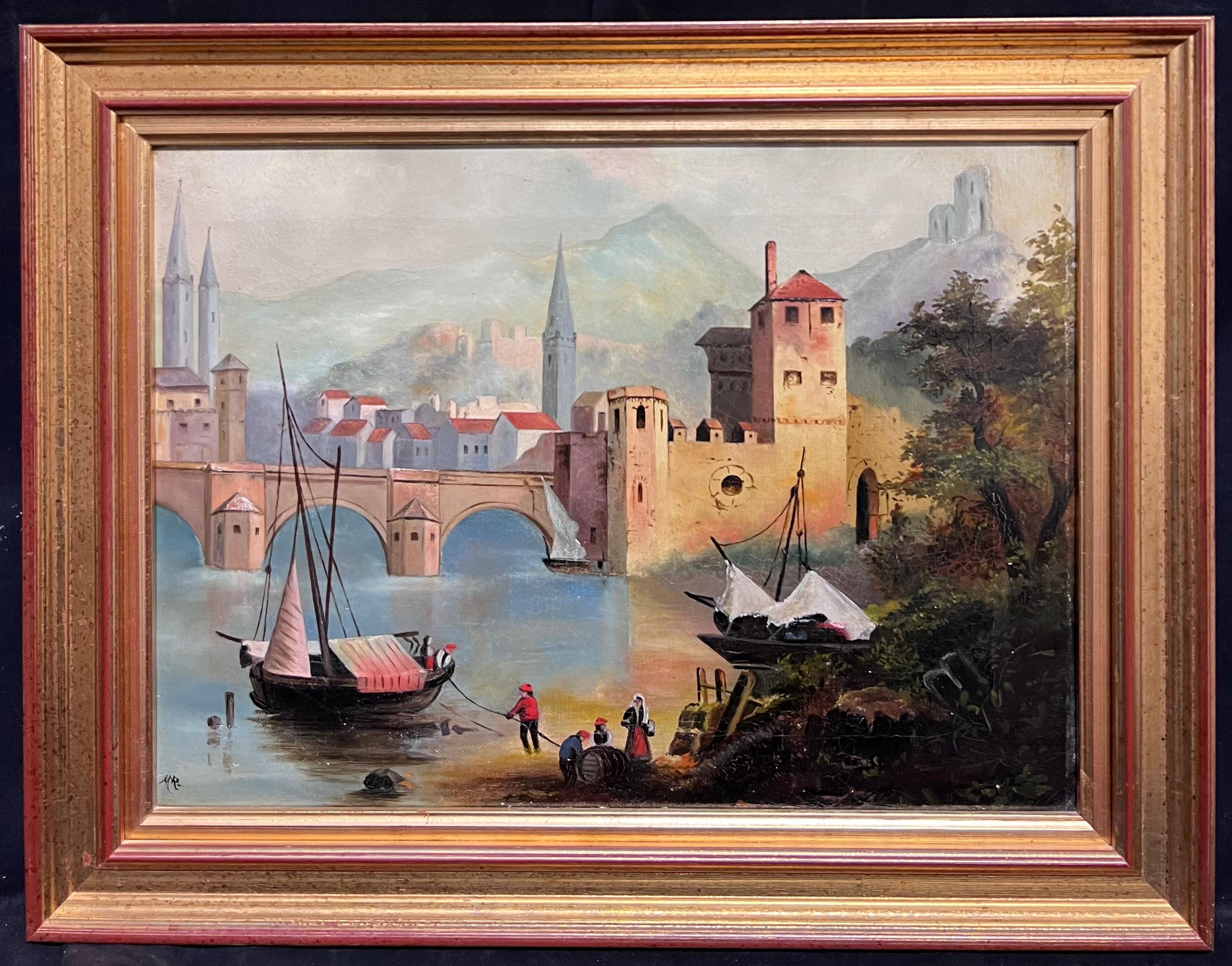 19th Century French Oil Painting Old Chateau Castles on Lake Side Town