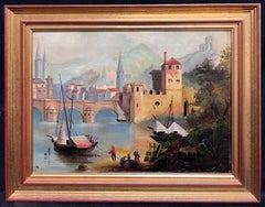 19th Century French Oil Painting Old Chateau Castles on Lake Side Town