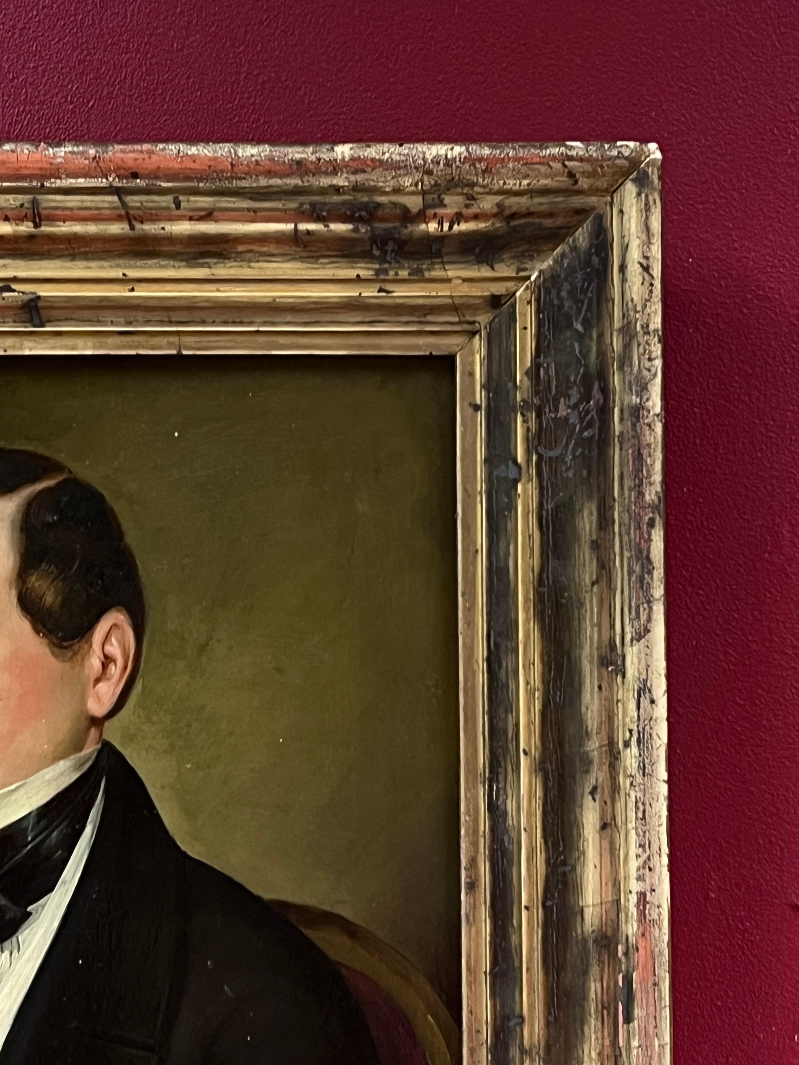 Ritratto ad olio francese del XIX secolo di un elegante gentiluomo in abiti formali in vendita 1