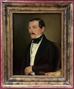 Retrato al óleo francés del siglo XIX de caballero elegante con traje formal
