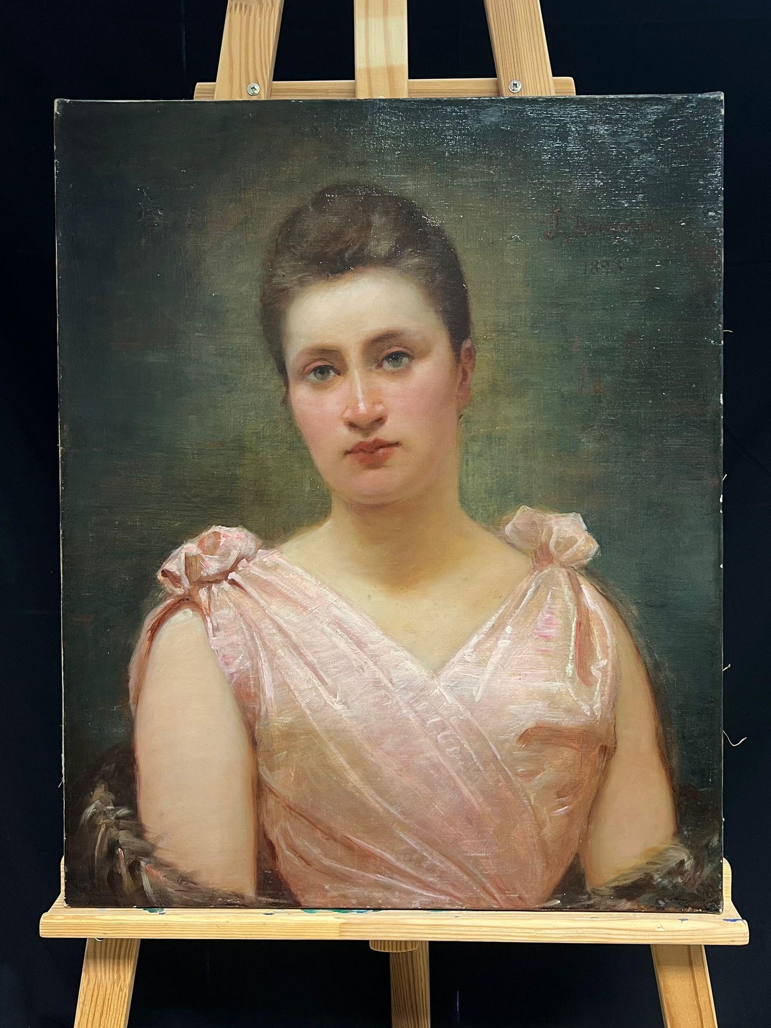 Französisches Porträt einer Dame in rosa Seidenkleid aus dem 19. Jahrhundert, Belle Epoque-Periode – Painting von French School