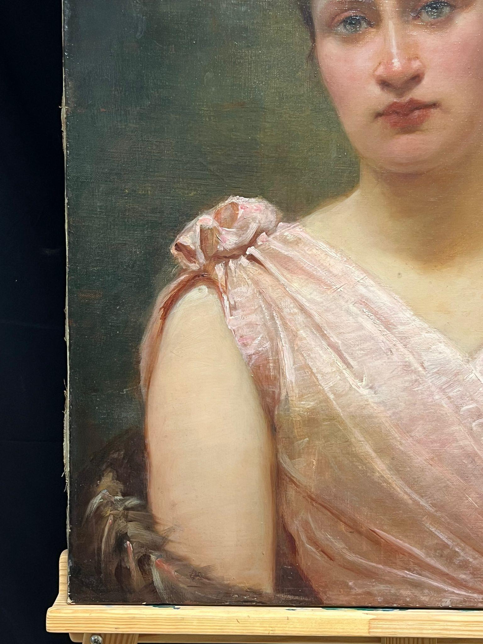 Französisches Porträt einer Dame in rosa Seidenkleid aus dem 19. Jahrhundert, Belle Epoque-Periode (Schwarz), Figurative Painting, von French School