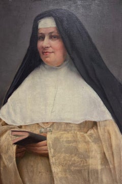 Portrait français du 19ème siècle d'une nonne dans son troupeau Grande huile sur toile
