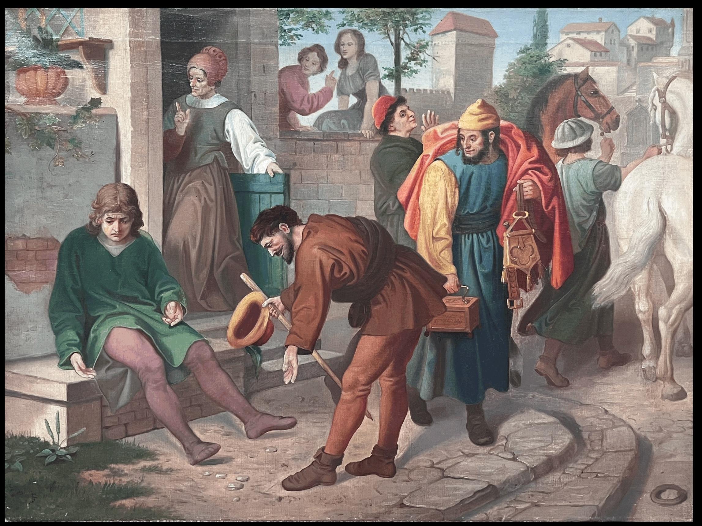 Peinture à l'huile française du 19e siècle représentant des marchands devant l'immeuble de la ville - Painting de French School