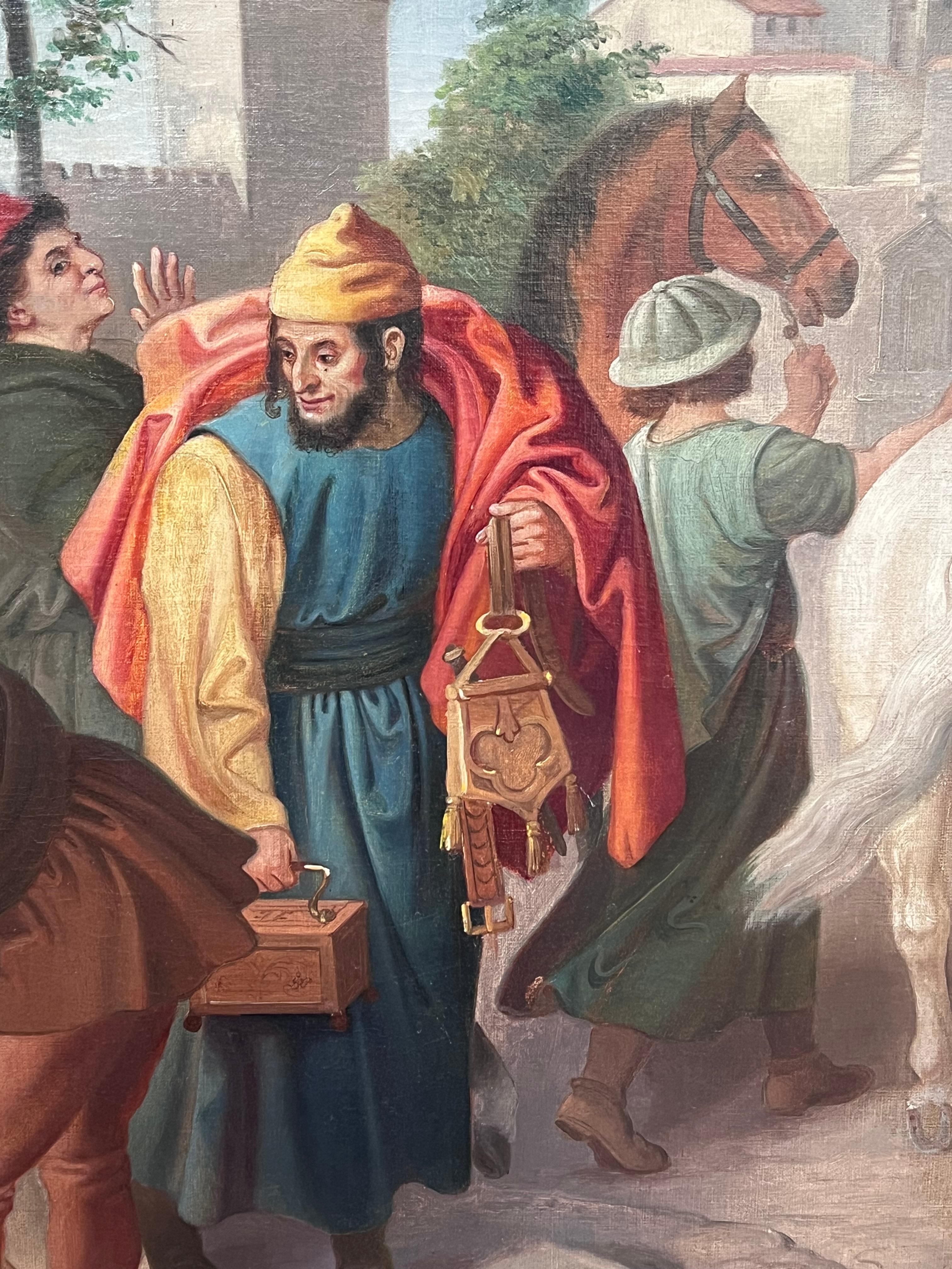 Peinture à l'huile française du 19e siècle représentant des marchands devant l'immeuble de la ville - École française Painting par French School