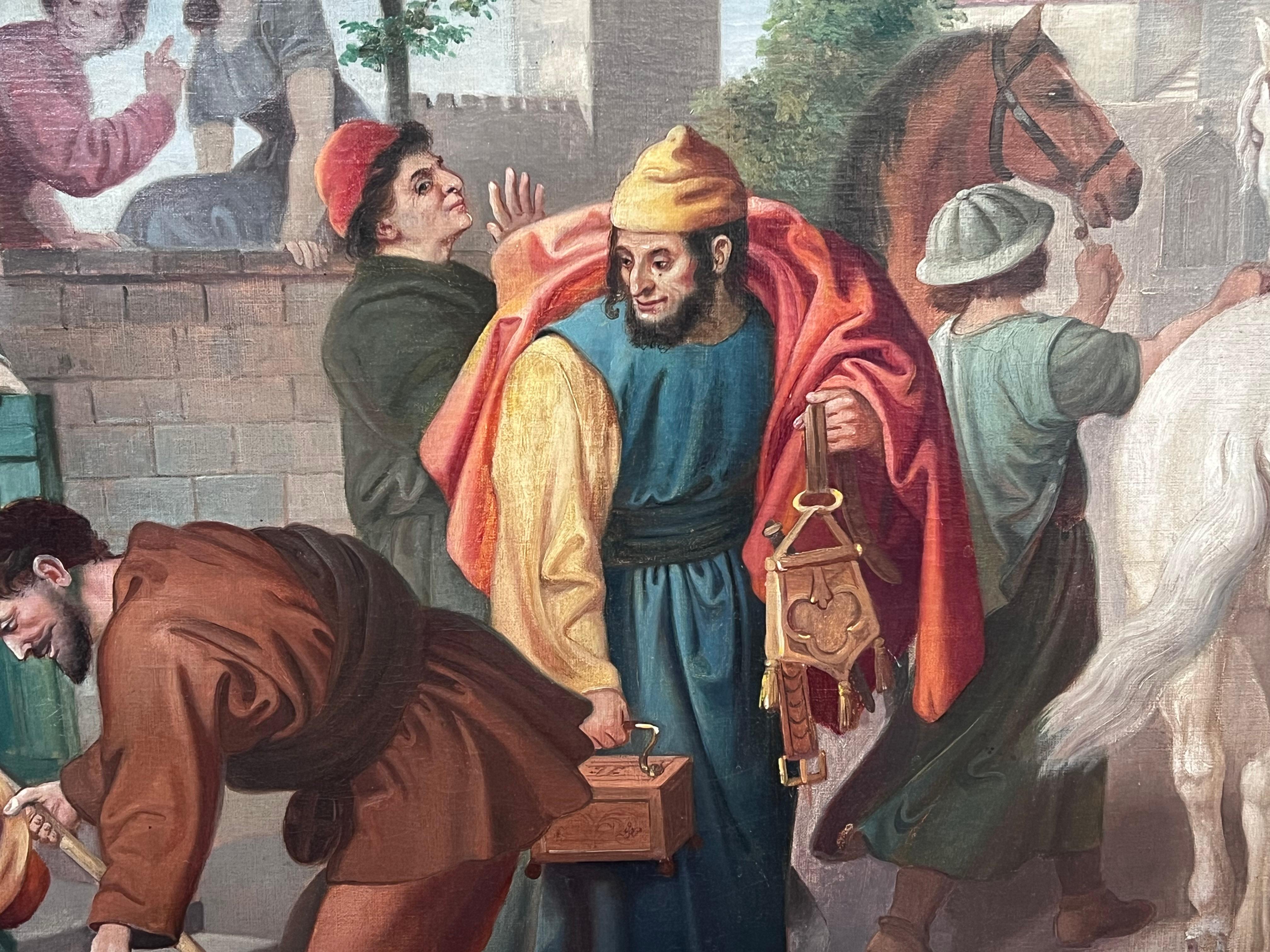 Peinture à l'huile française du 19e siècle représentant des marchands devant l'immeuble de la ville - Gris Portrait Painting par French School