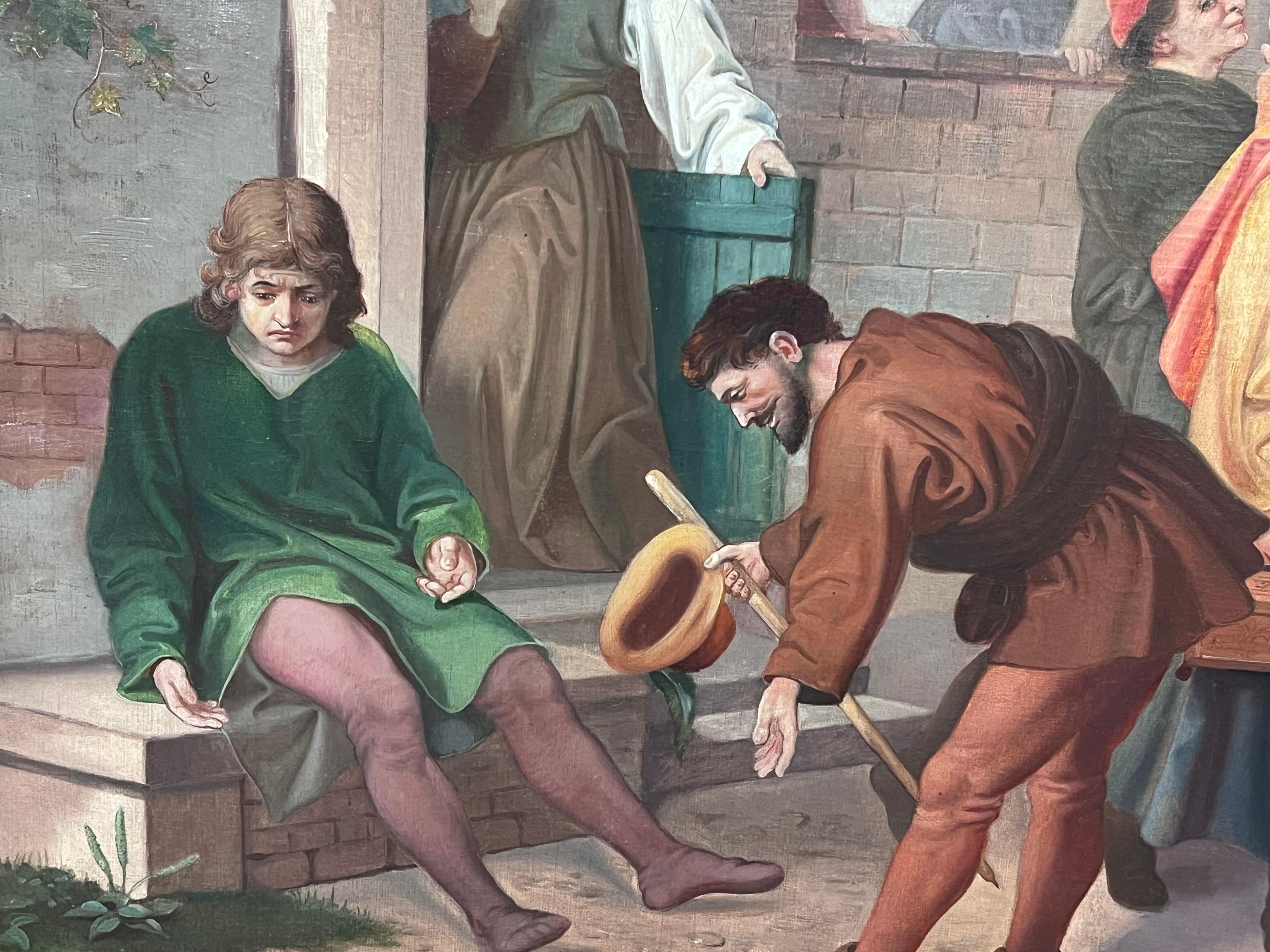 Peinture à l'huile française du 19e siècle représentant des marchands devant l'immeuble de la ville en vente 1