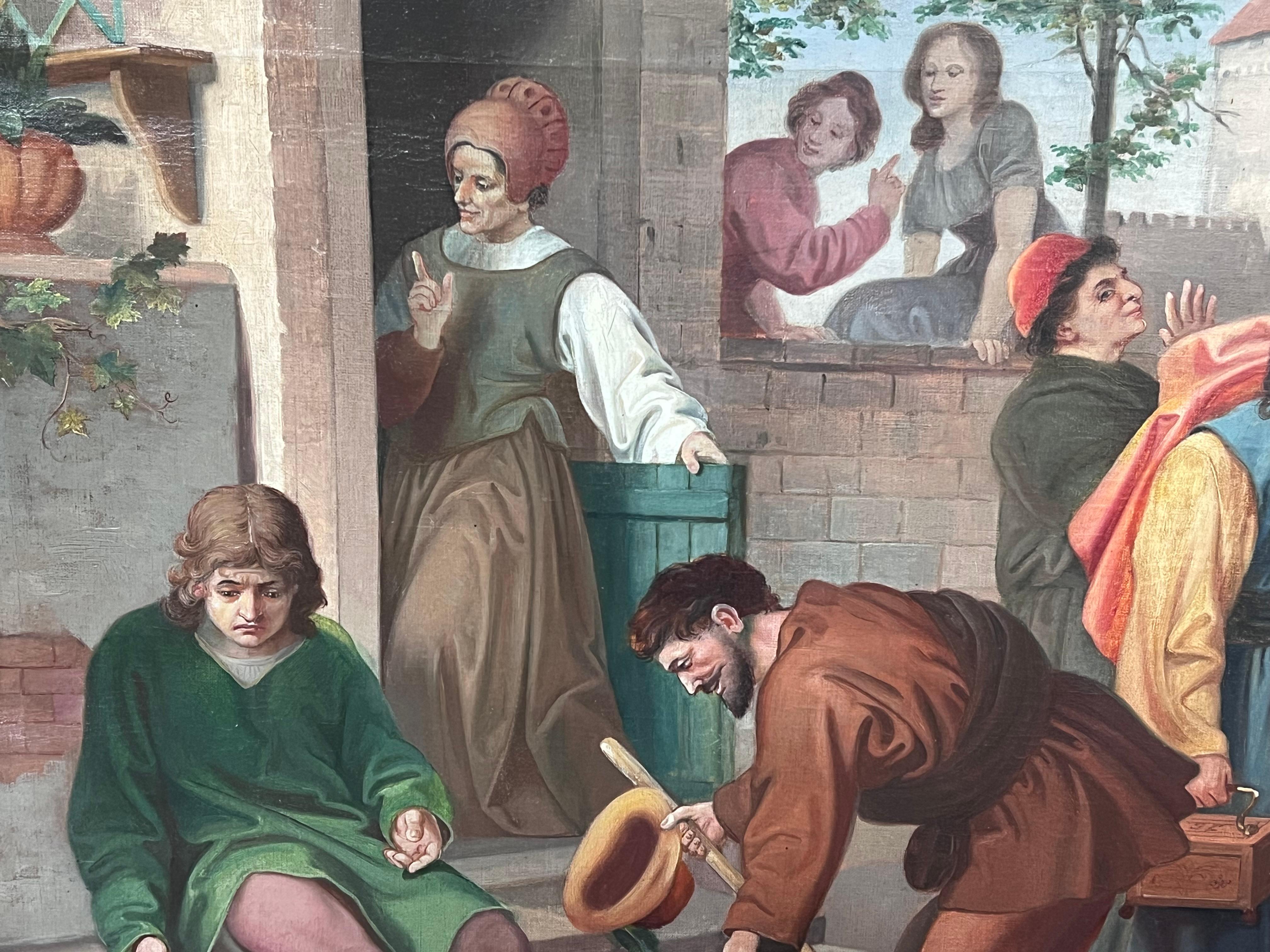 Peinture à l'huile française du 19e siècle représentant des marchands devant l'immeuble de la ville en vente 2
