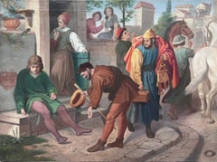19th Century French Theatrical Oil Painting Merchants outside City Building