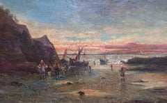 19th Century Signed French Oil Painting Fisherfolk on the Shore Sunset Sunrise