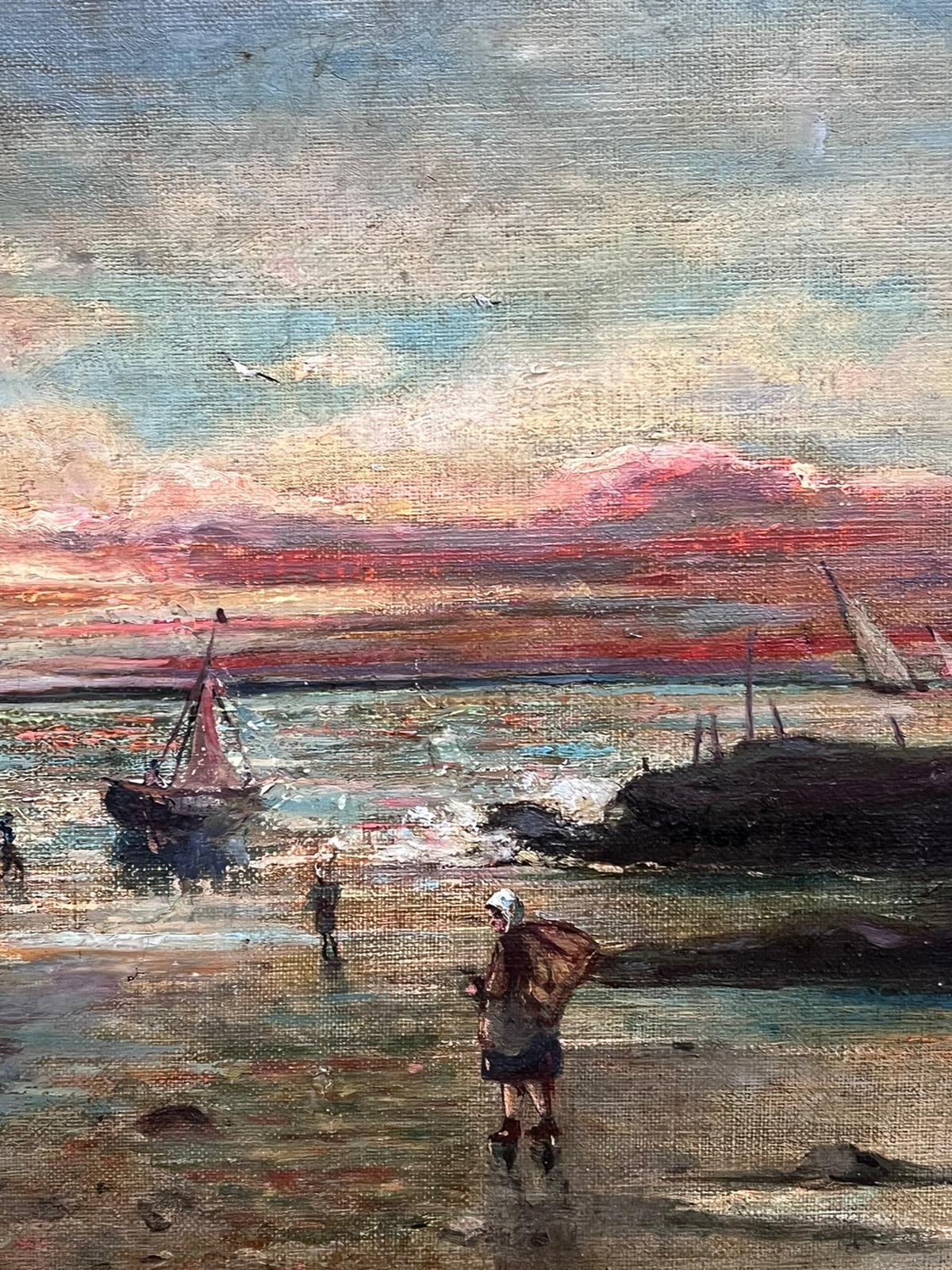 19th Century Signed French Oil Painting Fisherfolk on the Shore Sunset Sunrise For Sale 1