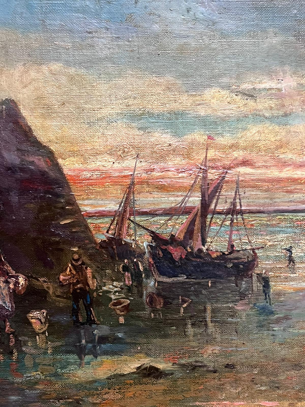19th Century Signed French Oil Painting Fisherfolk on the Shore Sunset Sunrise For Sale 2